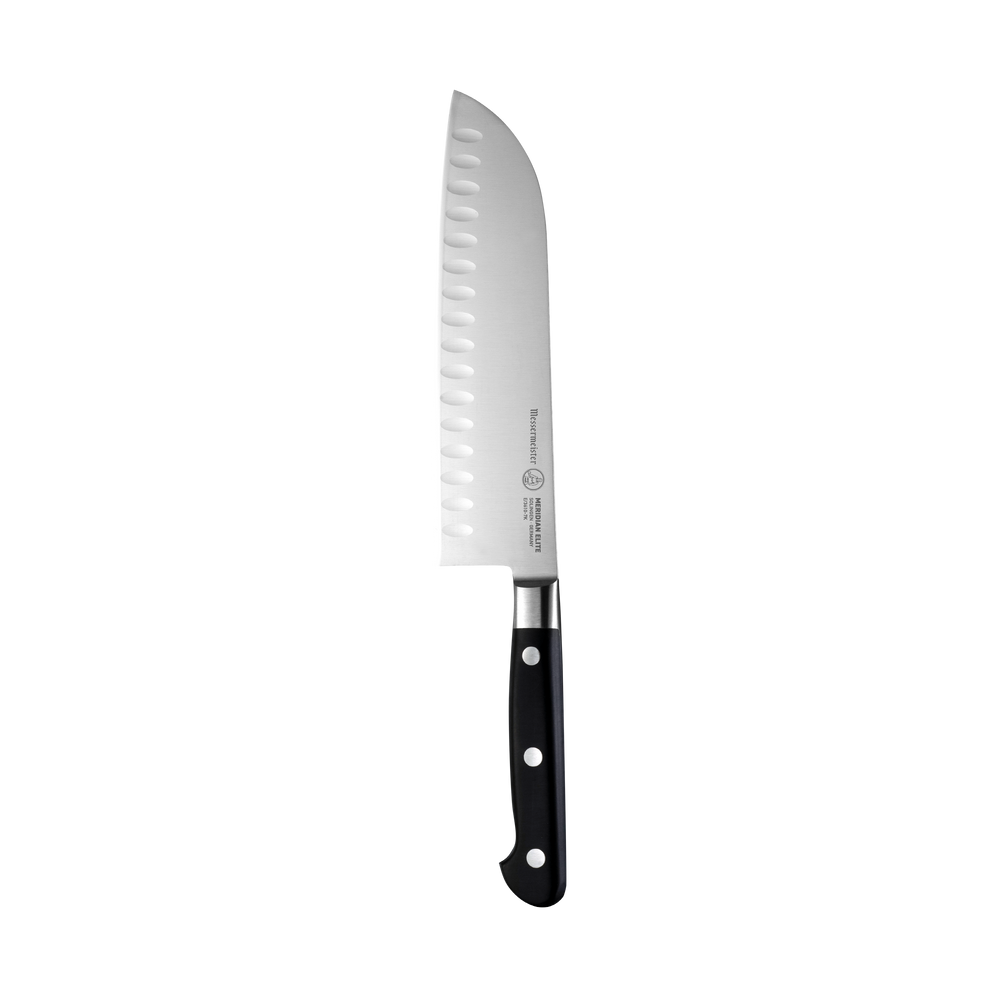 Messermeister Meridian 7 Inch Santoku Knife with triple rivet black handle