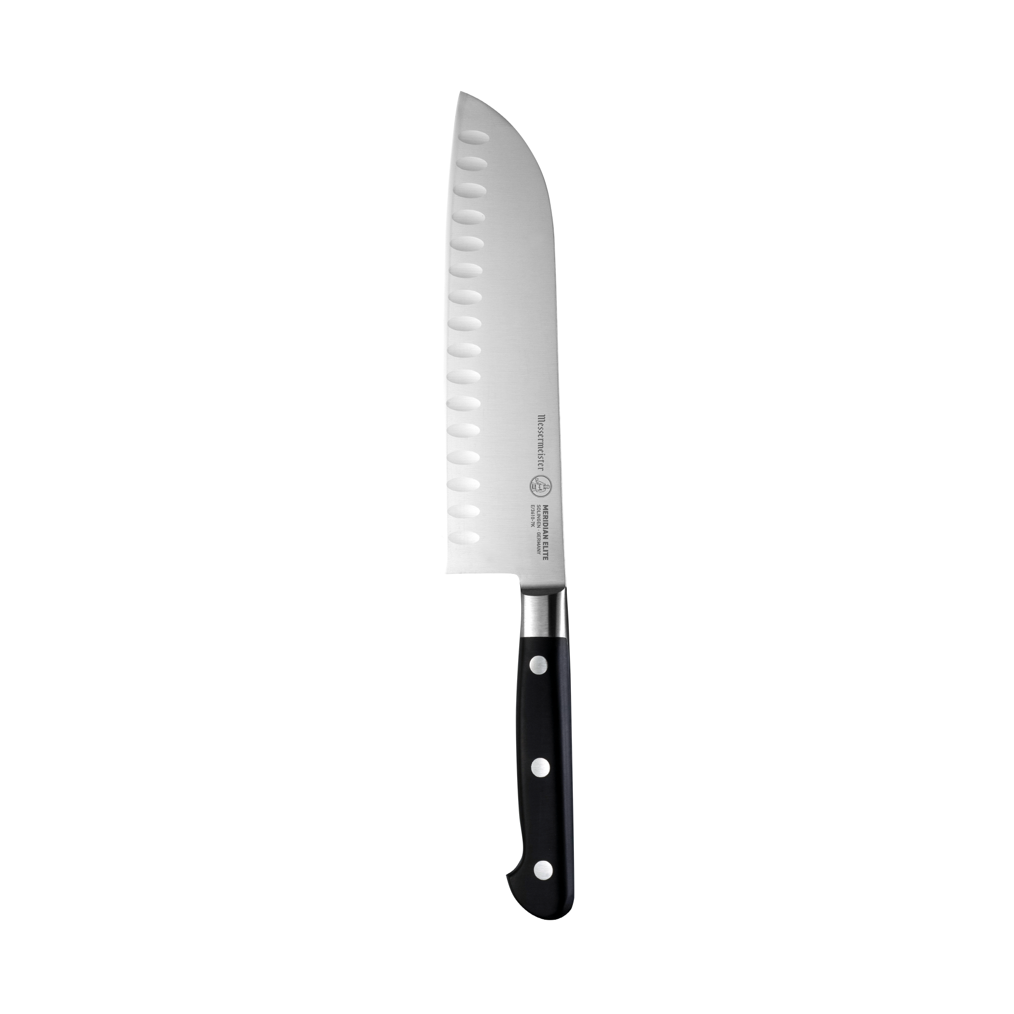 Messermeister Meridian 7 Inch Santoku Knife with triple rivet black handle