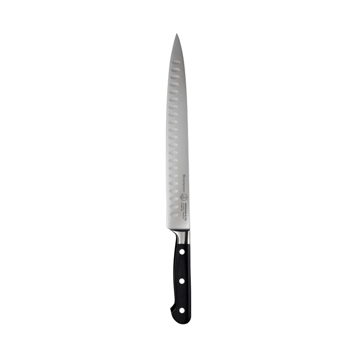 A 10 inch Meridian Elite Kullens carving knife with a narrow spearpoint, fine edge stainless steel blade and triple rivet black handle
