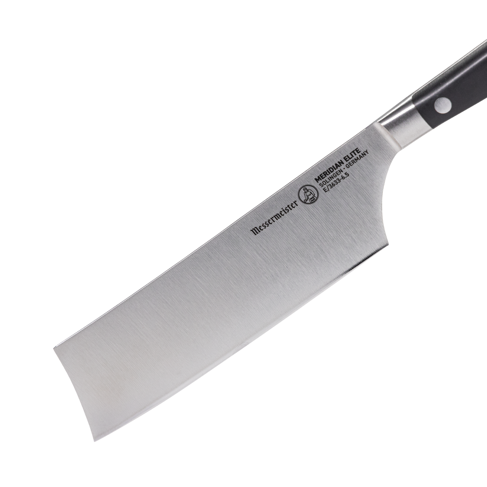 Messermeister Meridian Elite Nakiri Knife blade tilted at a downward angle