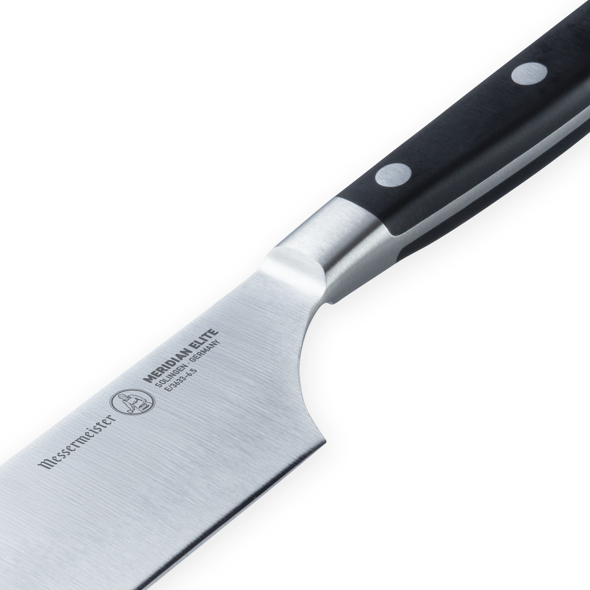 Messermeister Meridian Elite Nakiri Knife with black handle highlighting the heel tip