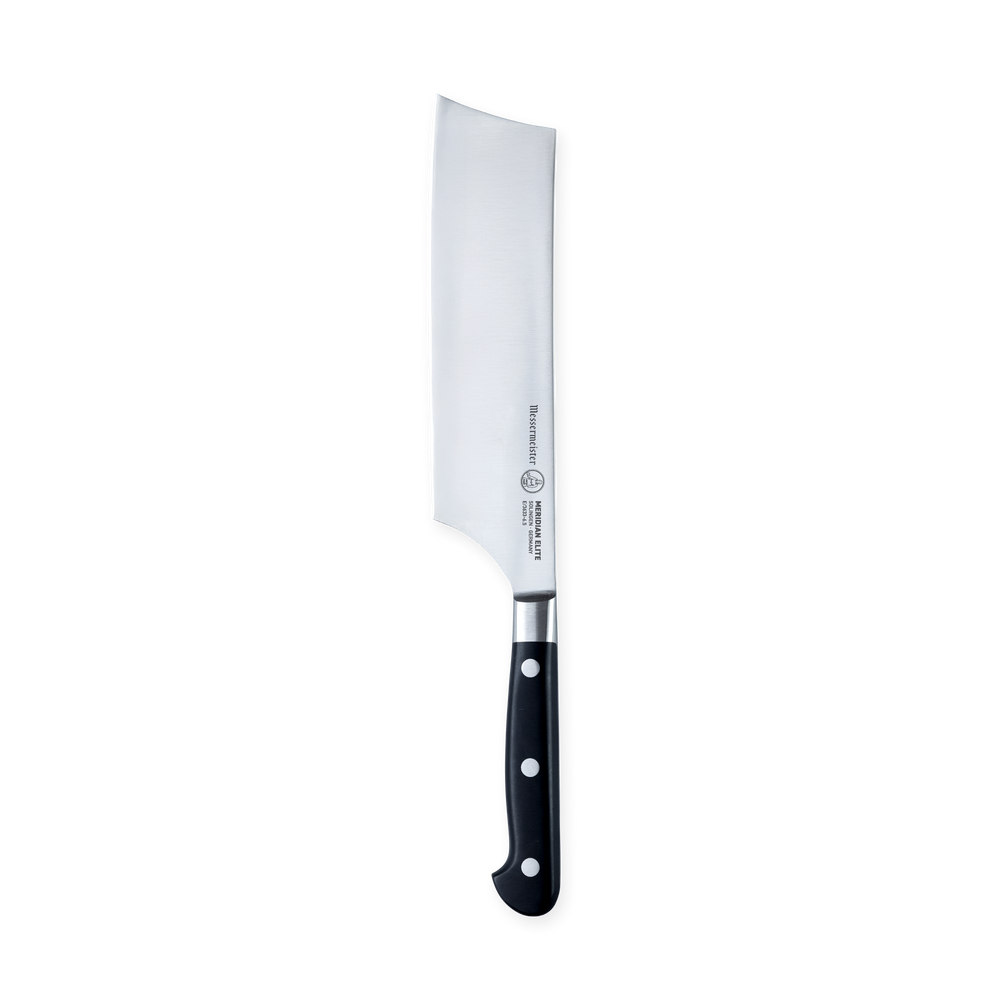 Messermeister Meridian Elite Nakiri knife with a triple rivet black handle upright with blade stamp showing
