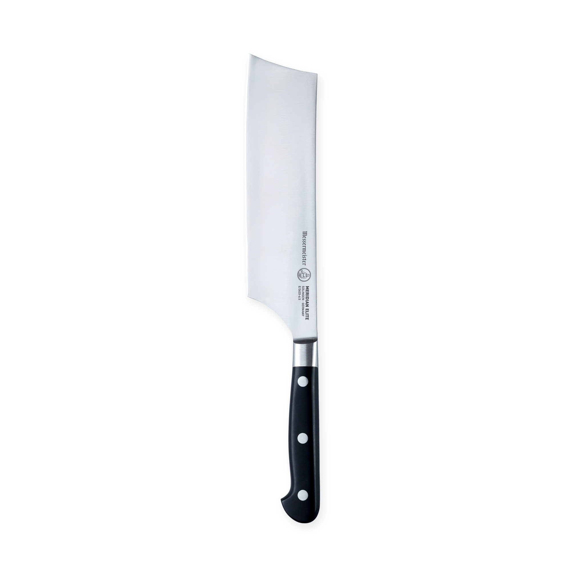 Messermeister Meridian Elite Nakiri knife with a triple rivet black handle upright with blade stamp showing