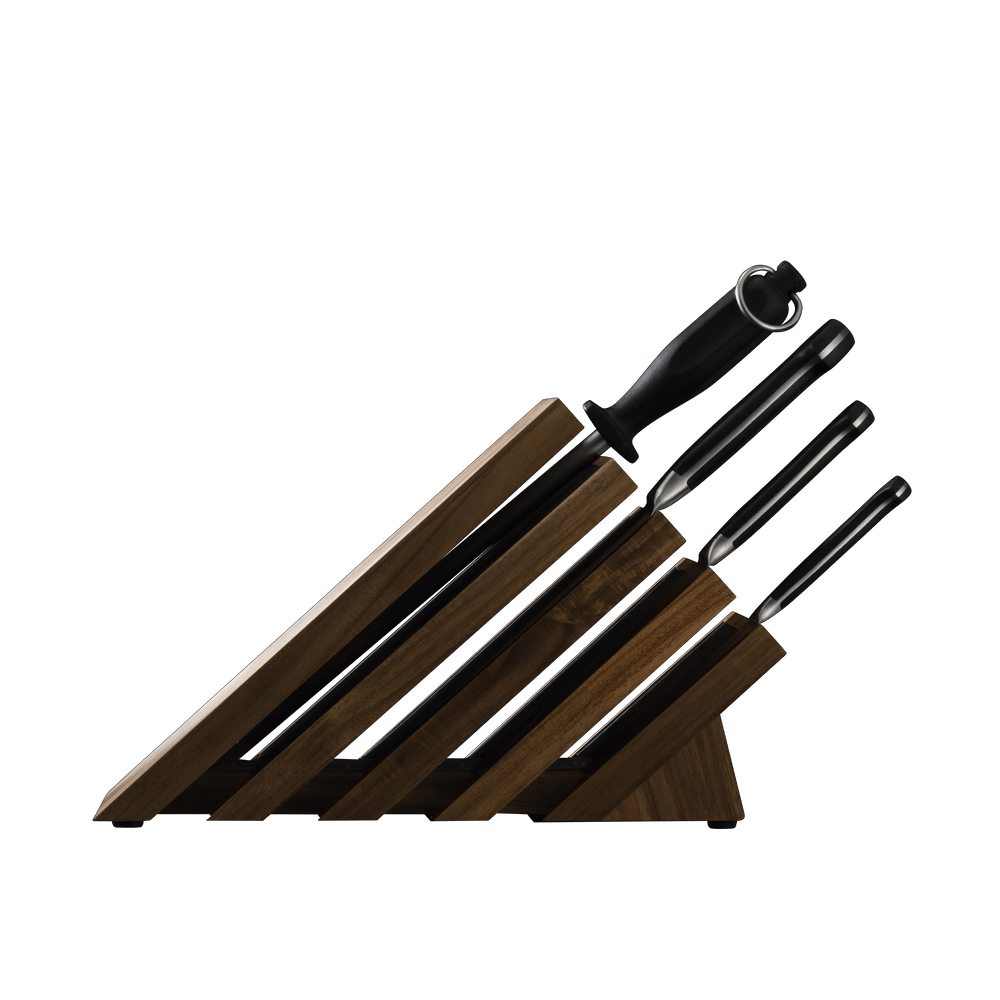 Messermeister Meridian Elite Next Level Block Set - 5 Piece set with wooden Next Level Block side view