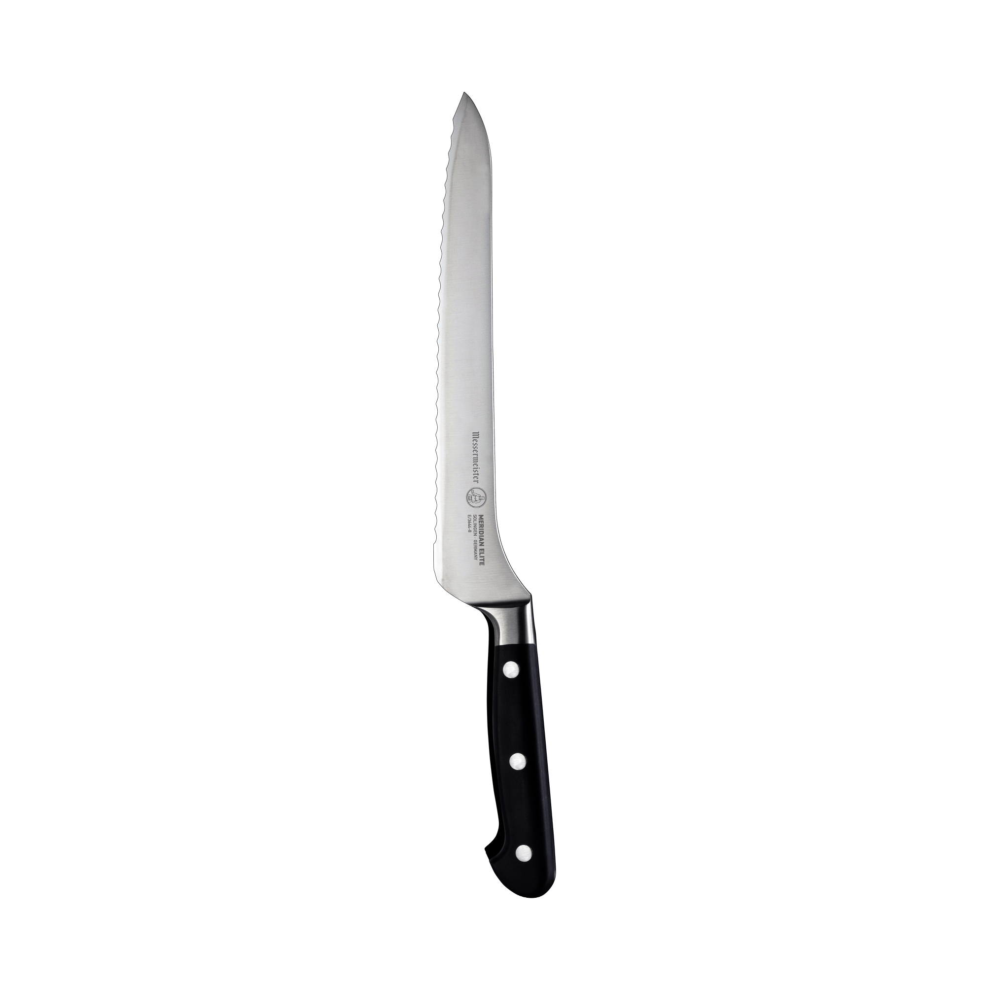 An 8 inch Meridian Elite Offset Scalloped Bread Knife with a stainless steel blade and triple rivet black handle.