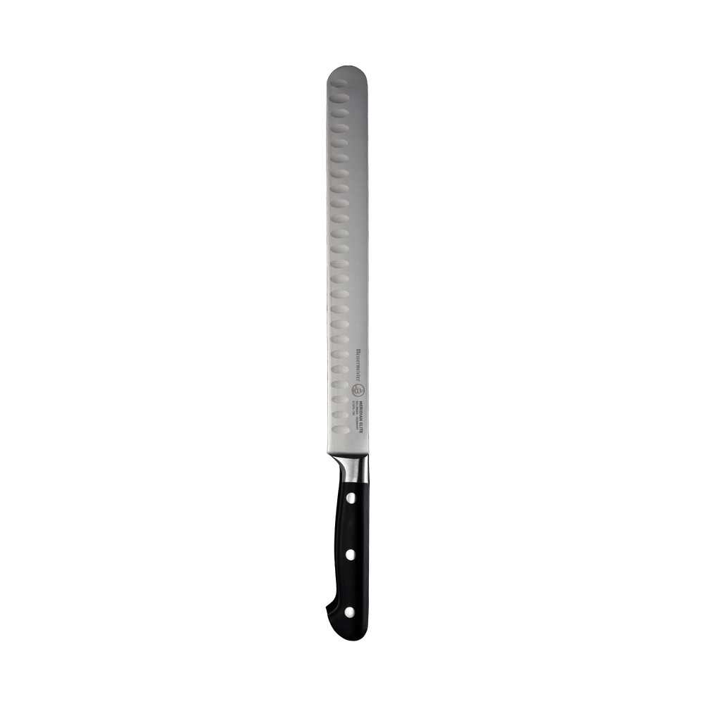 A 10-inch Messermeister Meridian Elite Round Tip Kullens Slicer with a silver blade and triple rivet black handle.