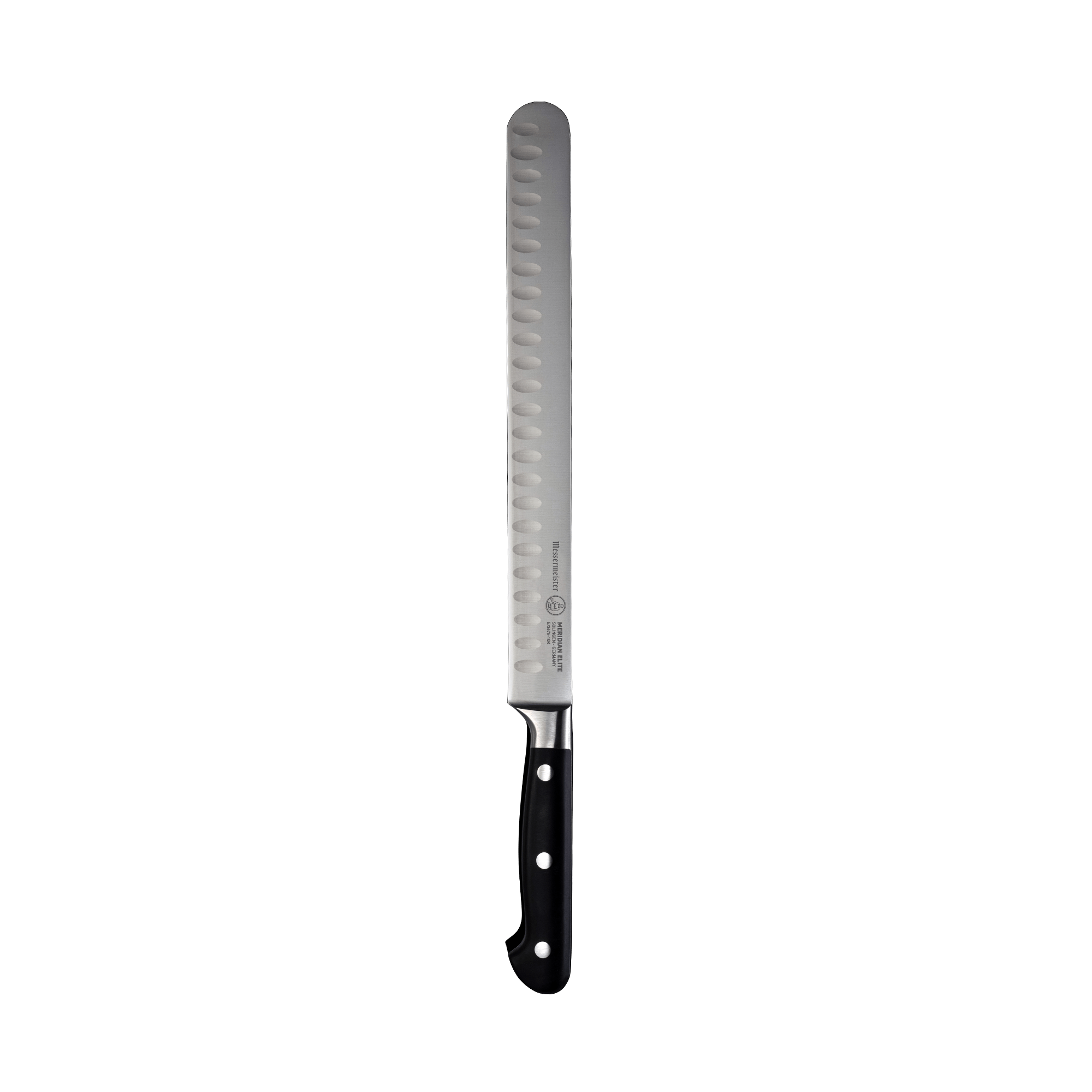 A 10-inch Messermeister Meridian Elite Round Tip Kullens Slicer with a silver blade and triple rivet black handle.