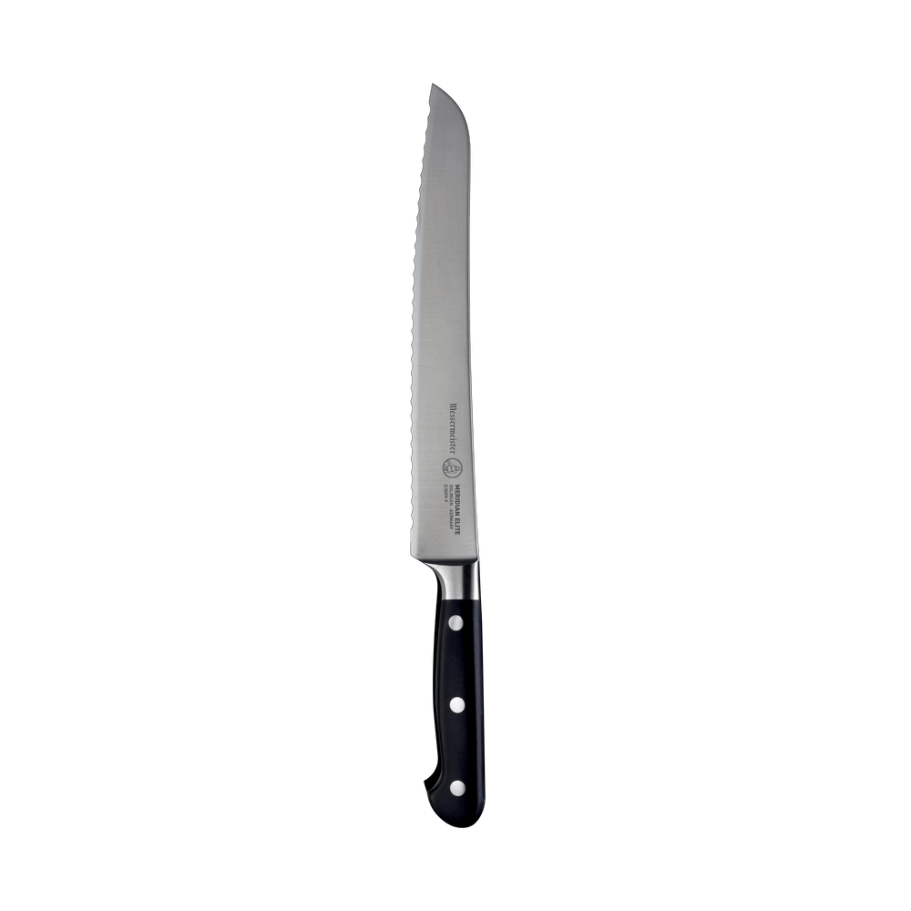 The Meridian Elite 9 inch serrated bread knife with silver stainless steel blade and triple rivet black handle