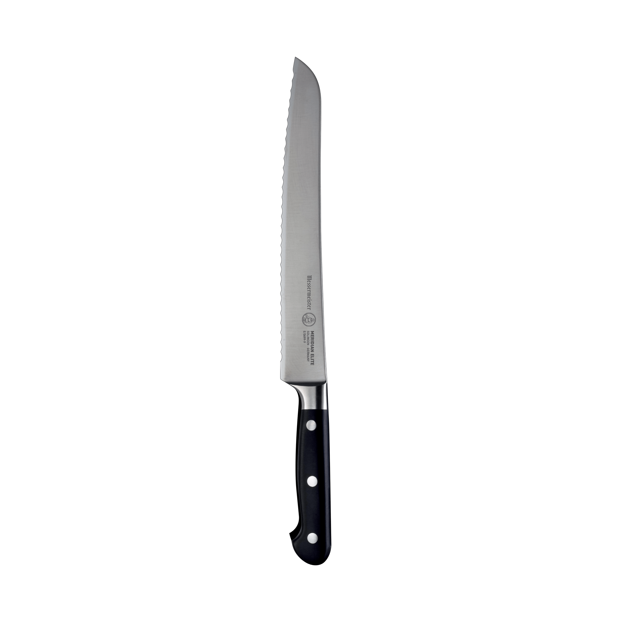 The Meridian Elite 9 inch serrated bread knife with silver stainless steel blade and triple rivet black handle