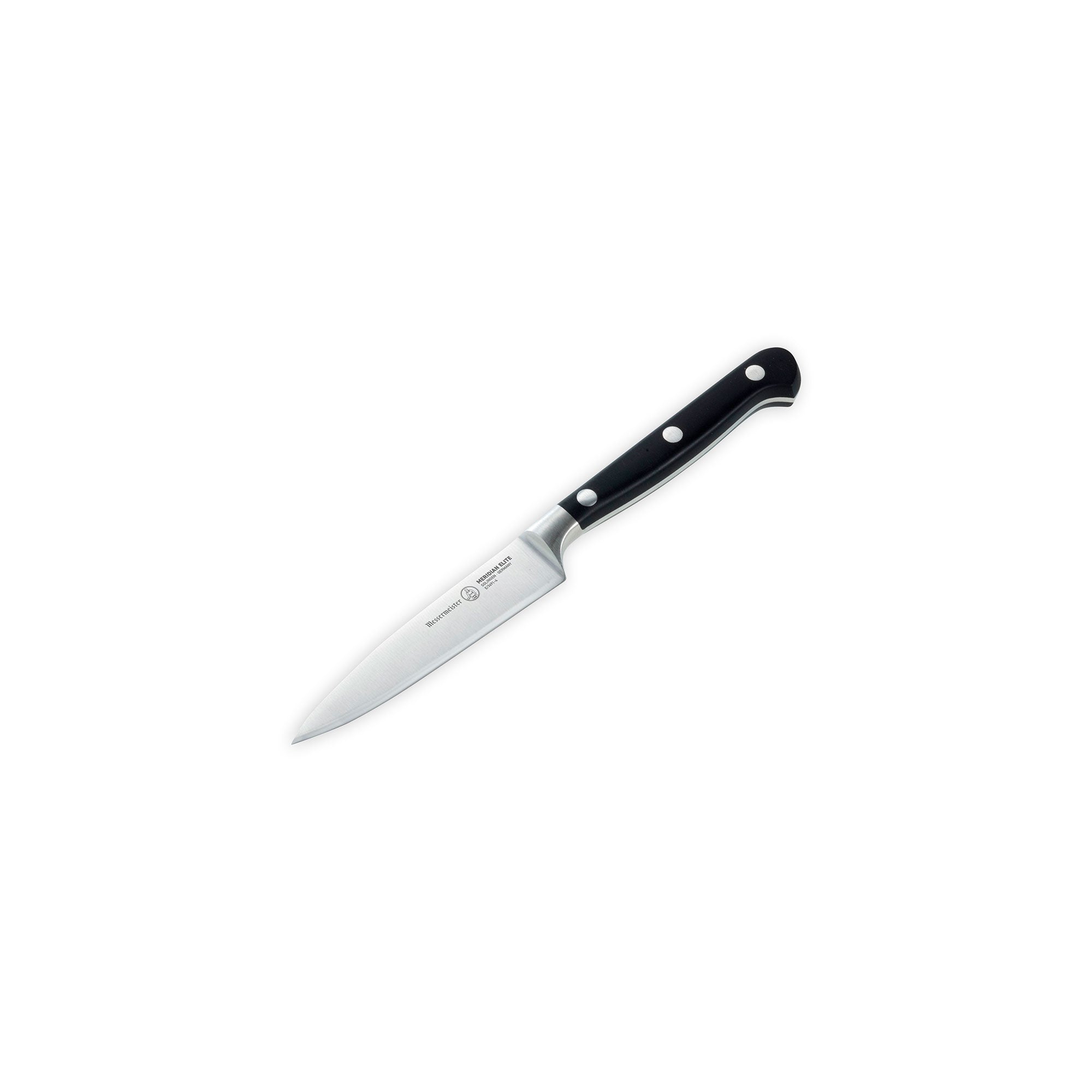 Messermeister Meridian Elite Spear Point Paring Knife with triple rivet black handle angled with tip pointing to left corner