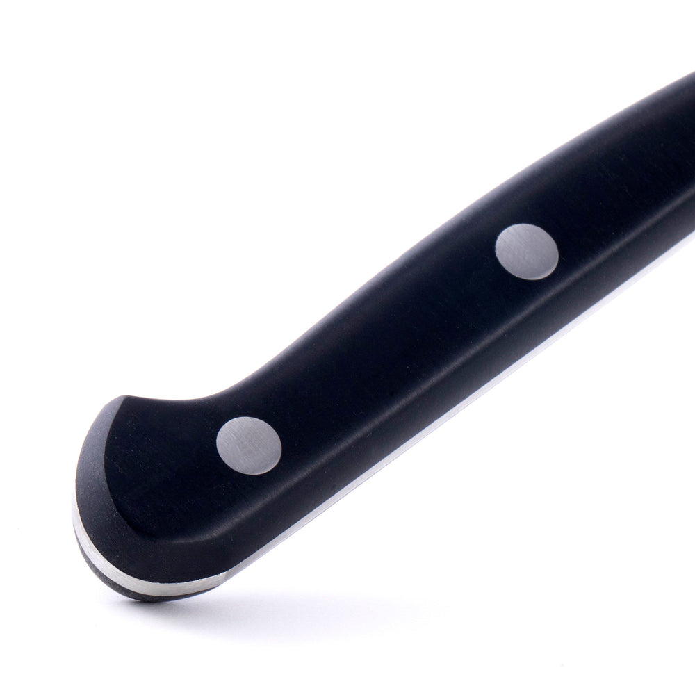 Messermeister Meridian Elite Spear Point Paring Knife close up photo of triple rivet black handle