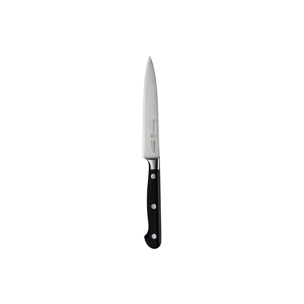 Messermeister Meridian Elite Spear Point Paring Knife with triple rivet black handle shown upright 