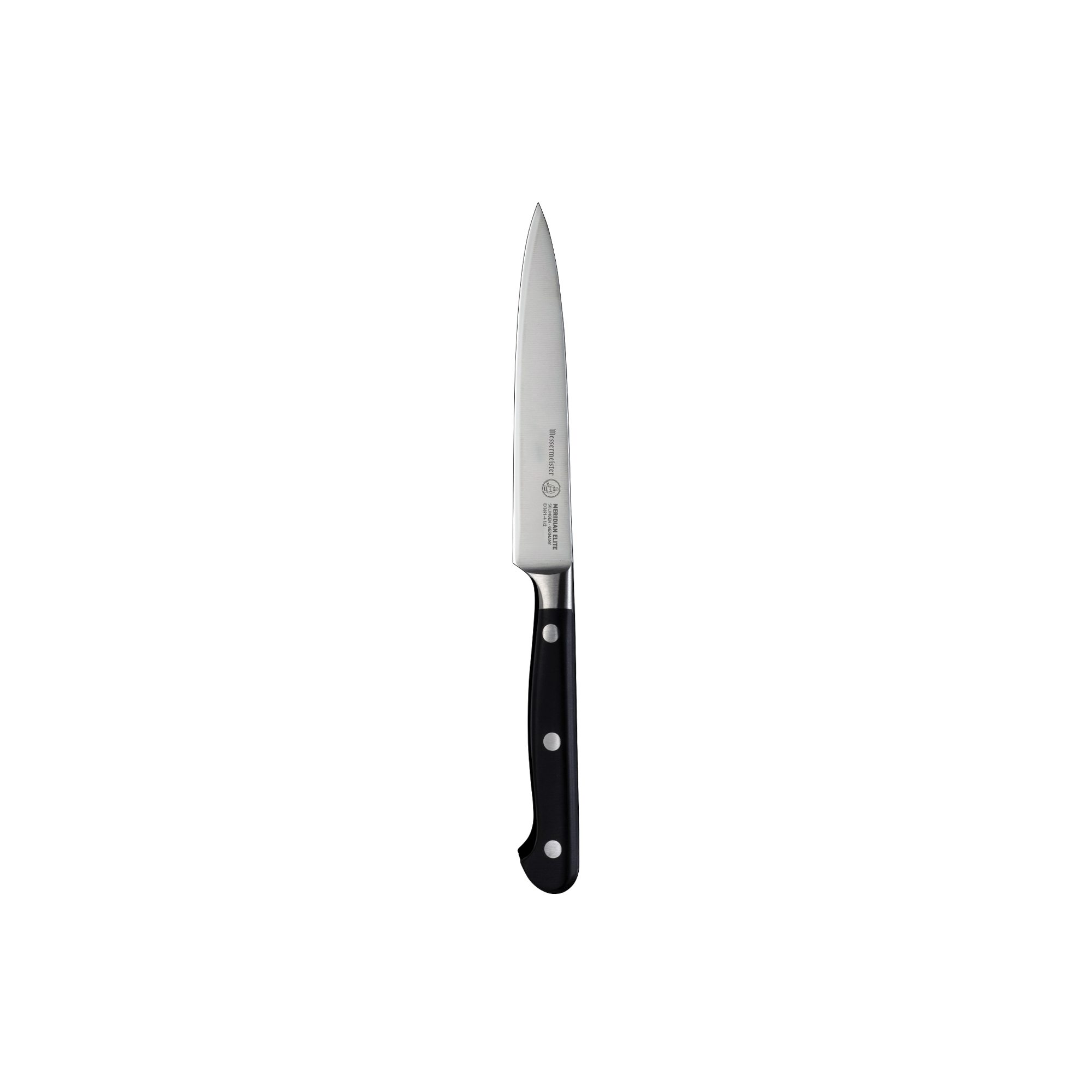 Messermeister Meridian Elite Spear Point Paring Knife with triple rivet black handle shown upright 