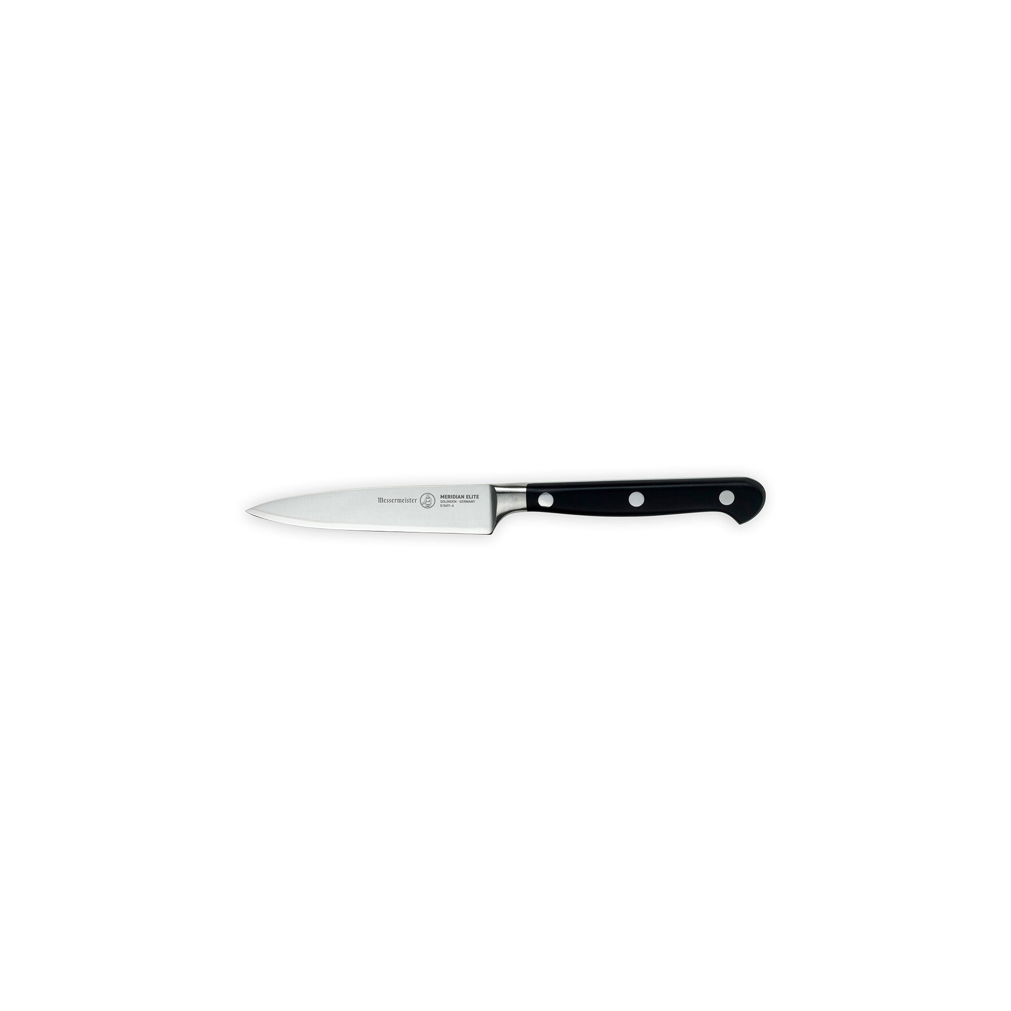 Messermeister Meridian Elite Spear Point Paring Knife with triple rivet black handle horizontal pointing left