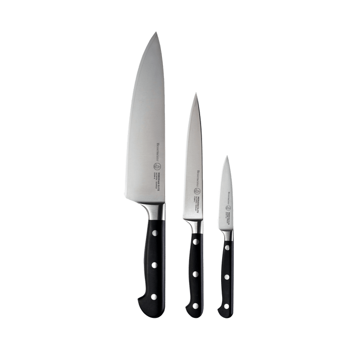 Messermeister Meridian Elite 3 Piece Starter Set - 8 inch Chef's Knife, 6 inch Utility Knife, 3.5 inch Paring Knife all pieces with triple rivet black knife handles shown side by side