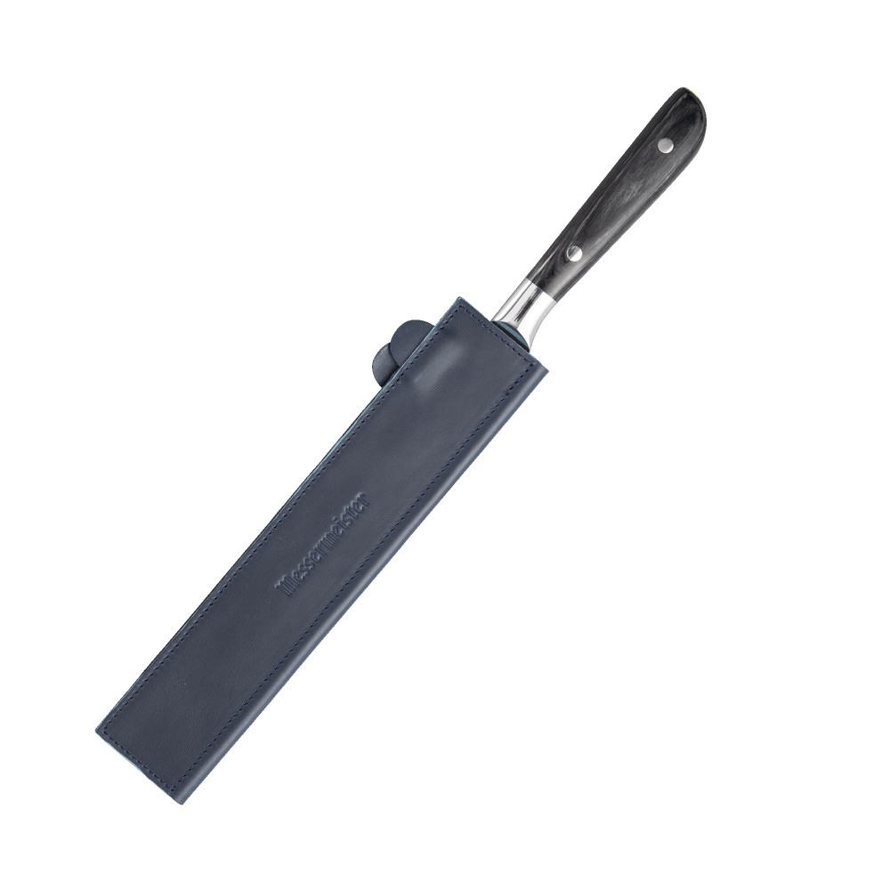 Messermeister 10.5 inch Midnight Navy Leather Magnetic Edge Guard Soft Rubber Magnets  For a Gentle Grip on a ebony pakkawood handled knife 