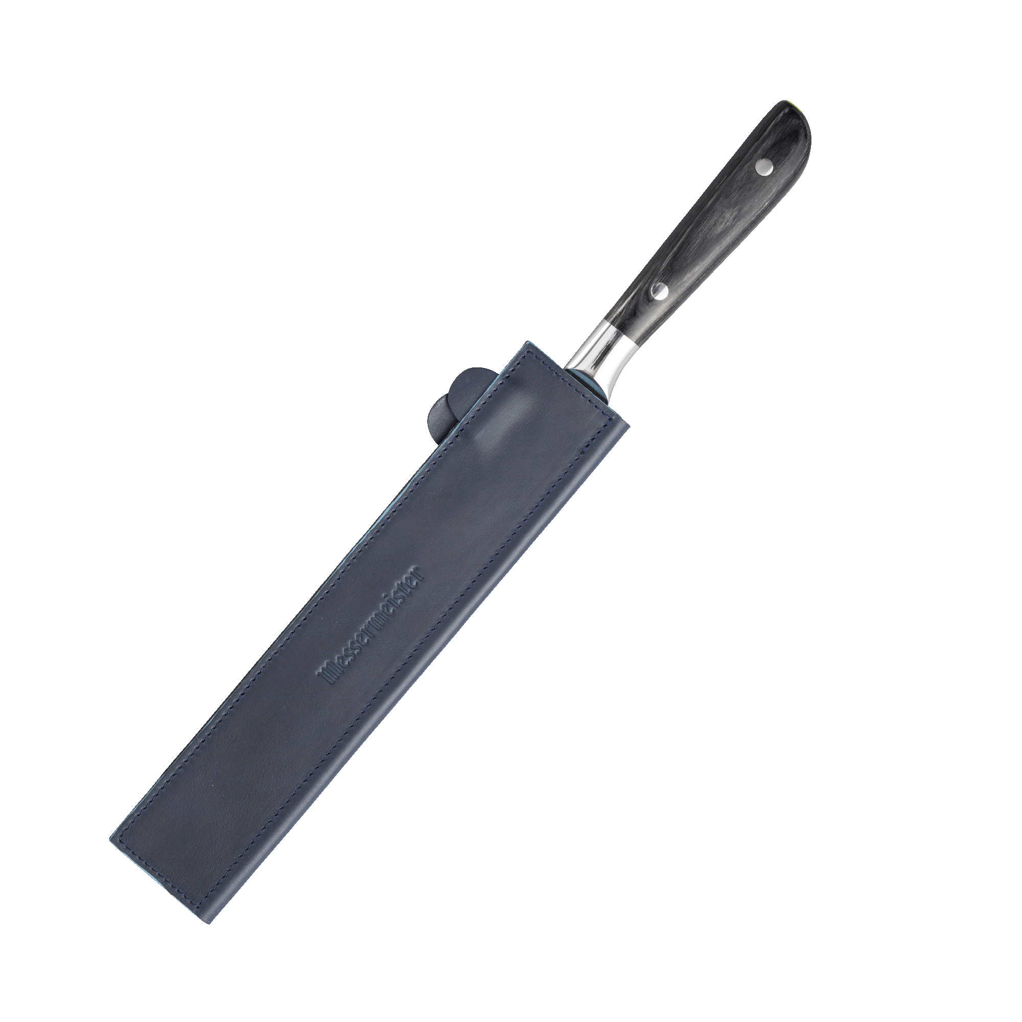 Messermeister 10.5 inch Midnight Navy Leather Magnetic Edge Guard Soft Rubber Magnets  For a Gentle Grip on a ebony pakkawood handled knife 