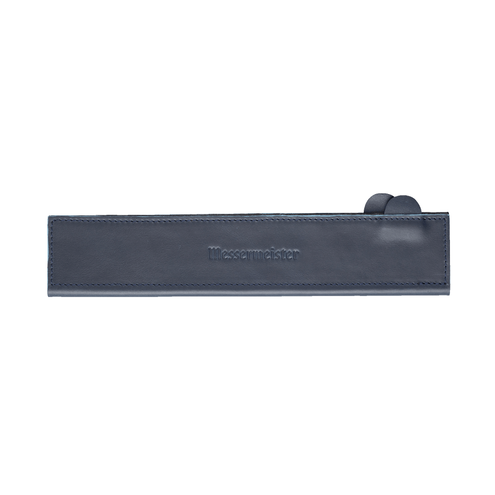 Messermeister 10.5 inch Midnight Navy Leather Magnetic Edge Guard  Soft Rubber Magnets  For a Gentle Grip on a plain background