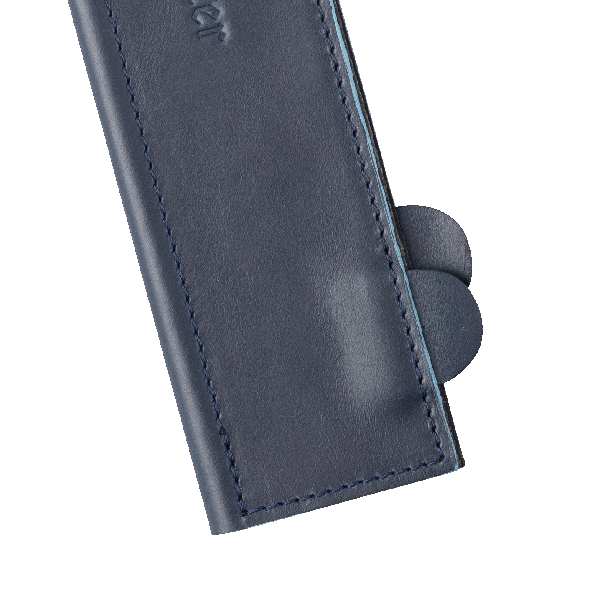 Messermeister 10.5 inch Midnight Navy Leather Magnetic Edge Guard Soft Rubber Magnets for a Gentle Grip close up on nubs for opening