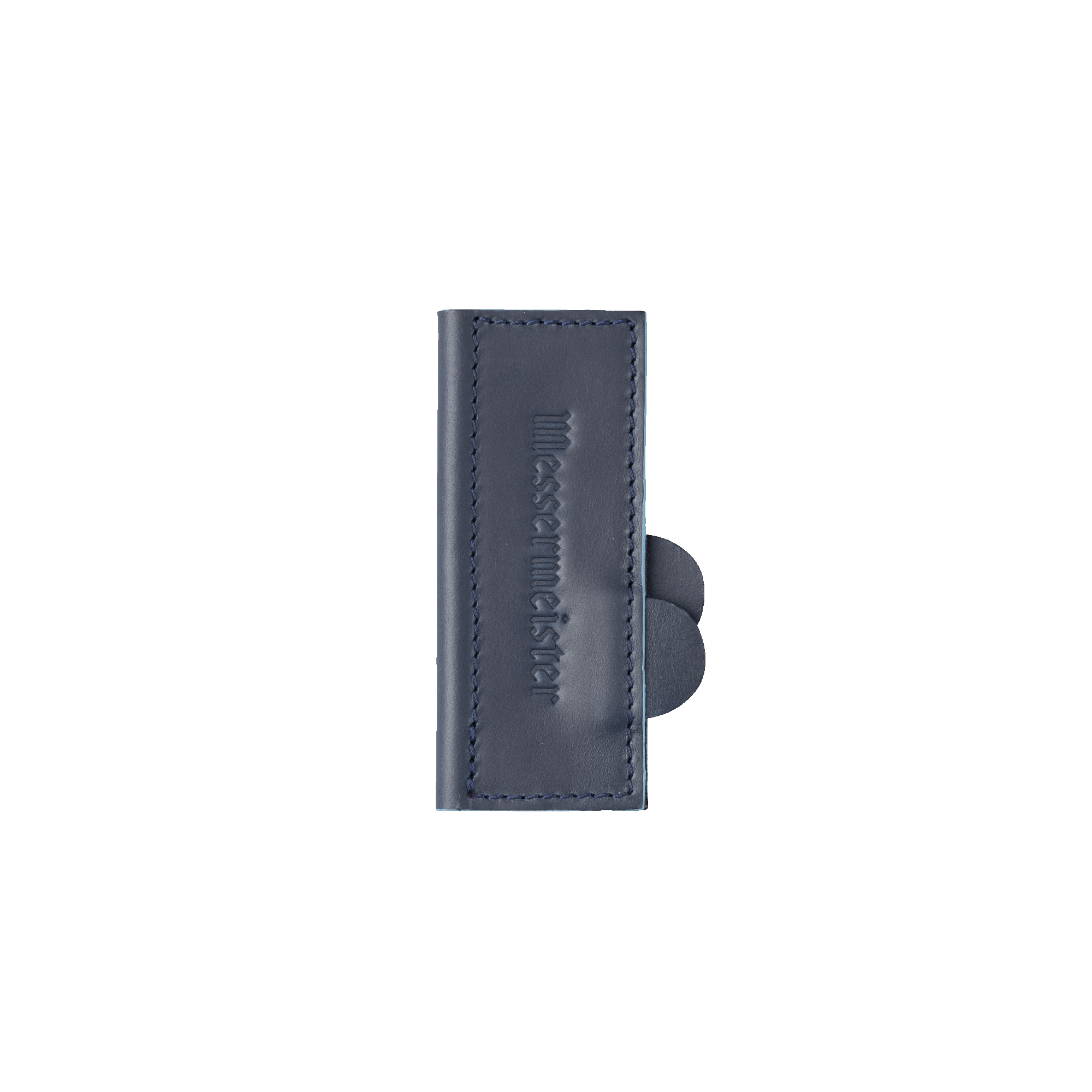 Messermeister 4 inch Midnight Navy Leather Magnetic Edge Guard Soft Rubber Magnets to Secure Knife close up on logo
