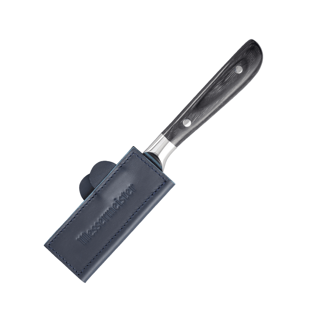 Messermeister 4 inch Midnight Navy Leather Magnetic Edge Guard Soft Rubber Magnets to Secure Knife on a ebony pakkawood handle