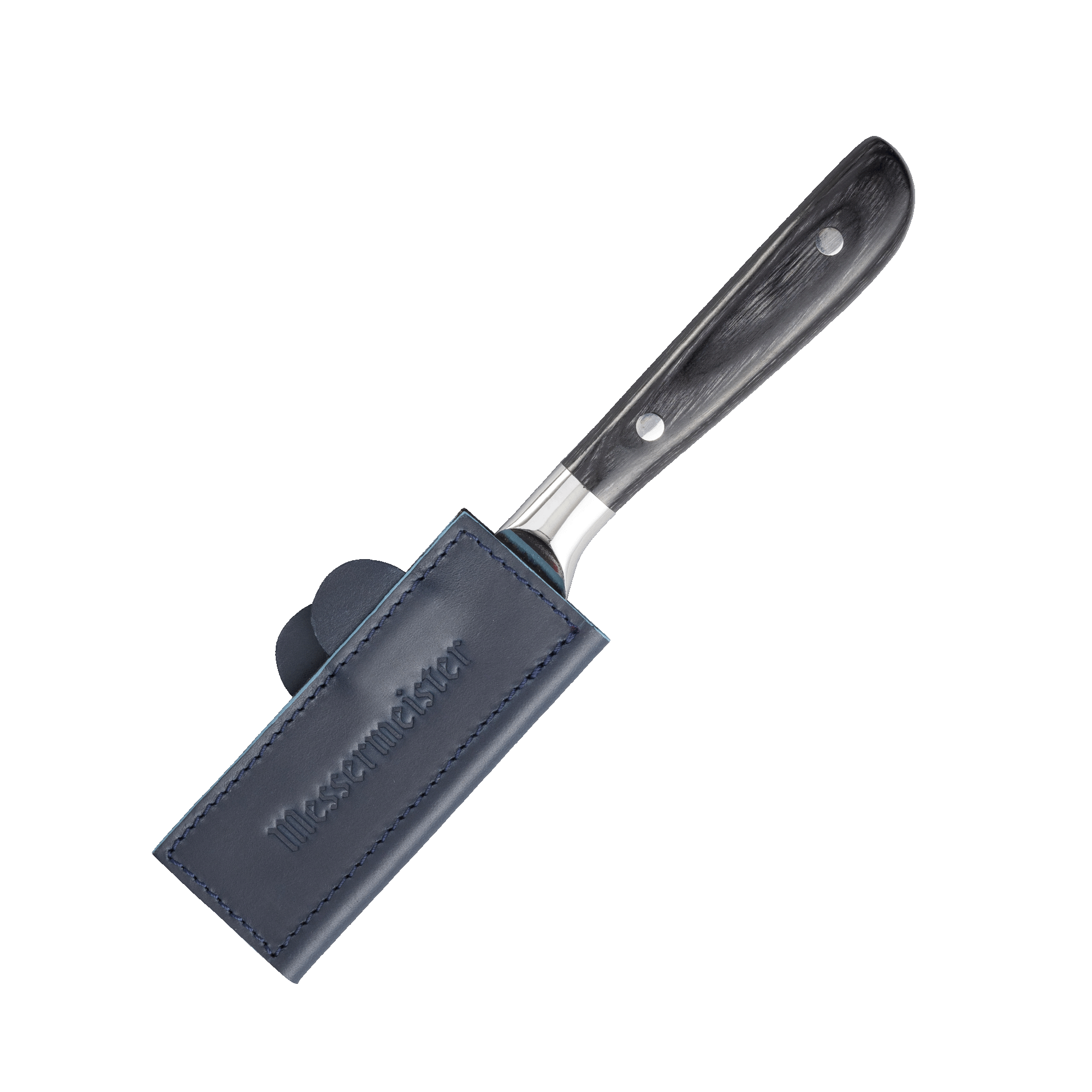 Messermeister 4 inch Midnight Navy Leather Magnetic Edge Guard Soft Rubber Magnets to Secure Knife on a ebony pakkawood handle