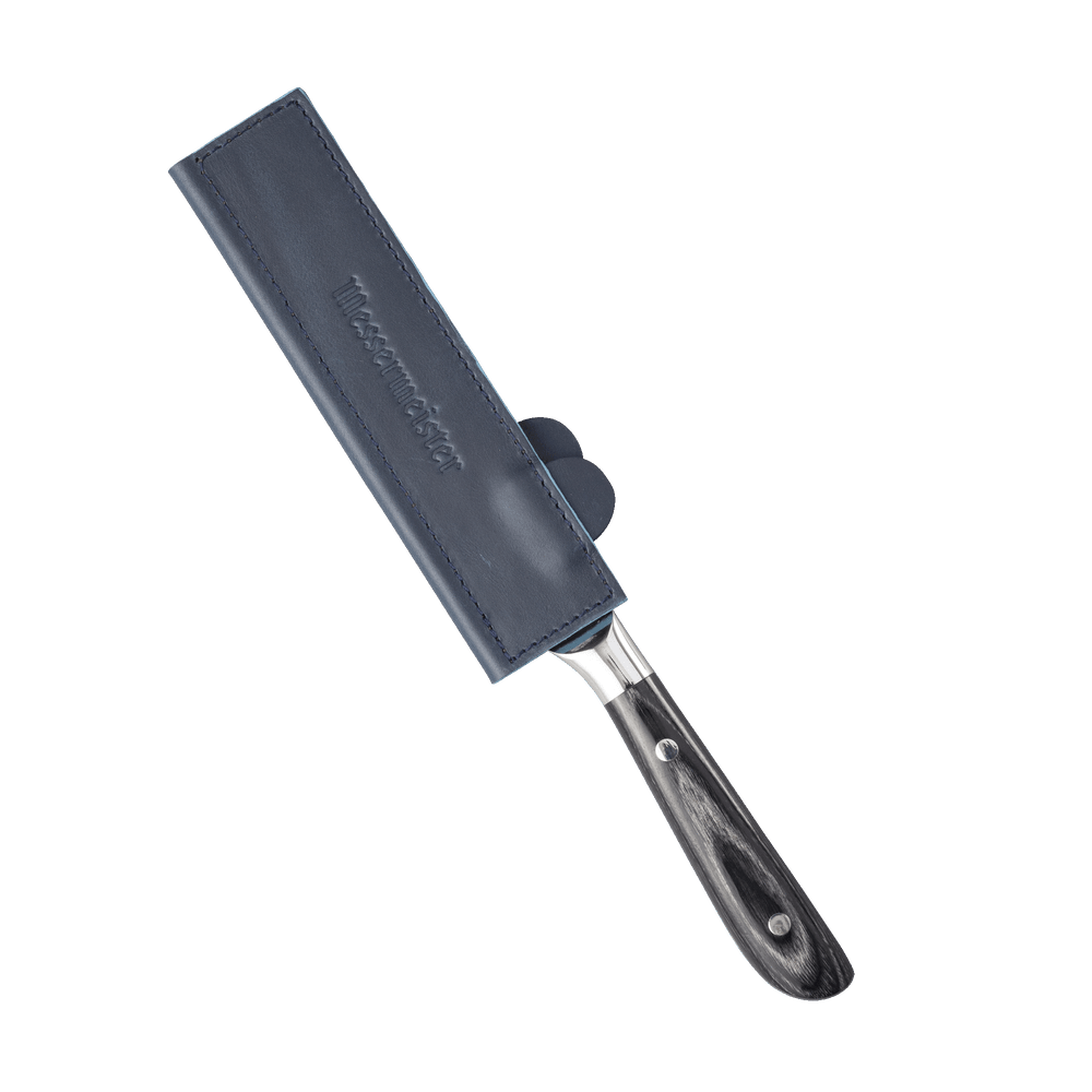 Messermeister 6.5 inch Midnight Navy Leather Magnetic Edge Guard Soft Rubber Magnets For a Gentle Grip on a knife with an ebony pakkawood handle 