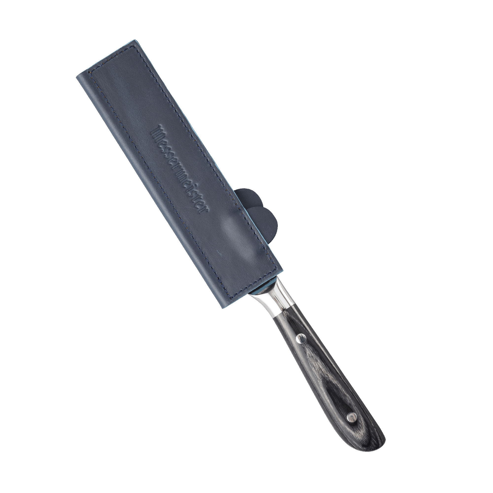 Messermeister 6.5 inch Midnight Navy Leather Magnetic Edge Guard Soft Rubber Magnets For a Gentle Grip on a knife with an ebony pakkawood handle 