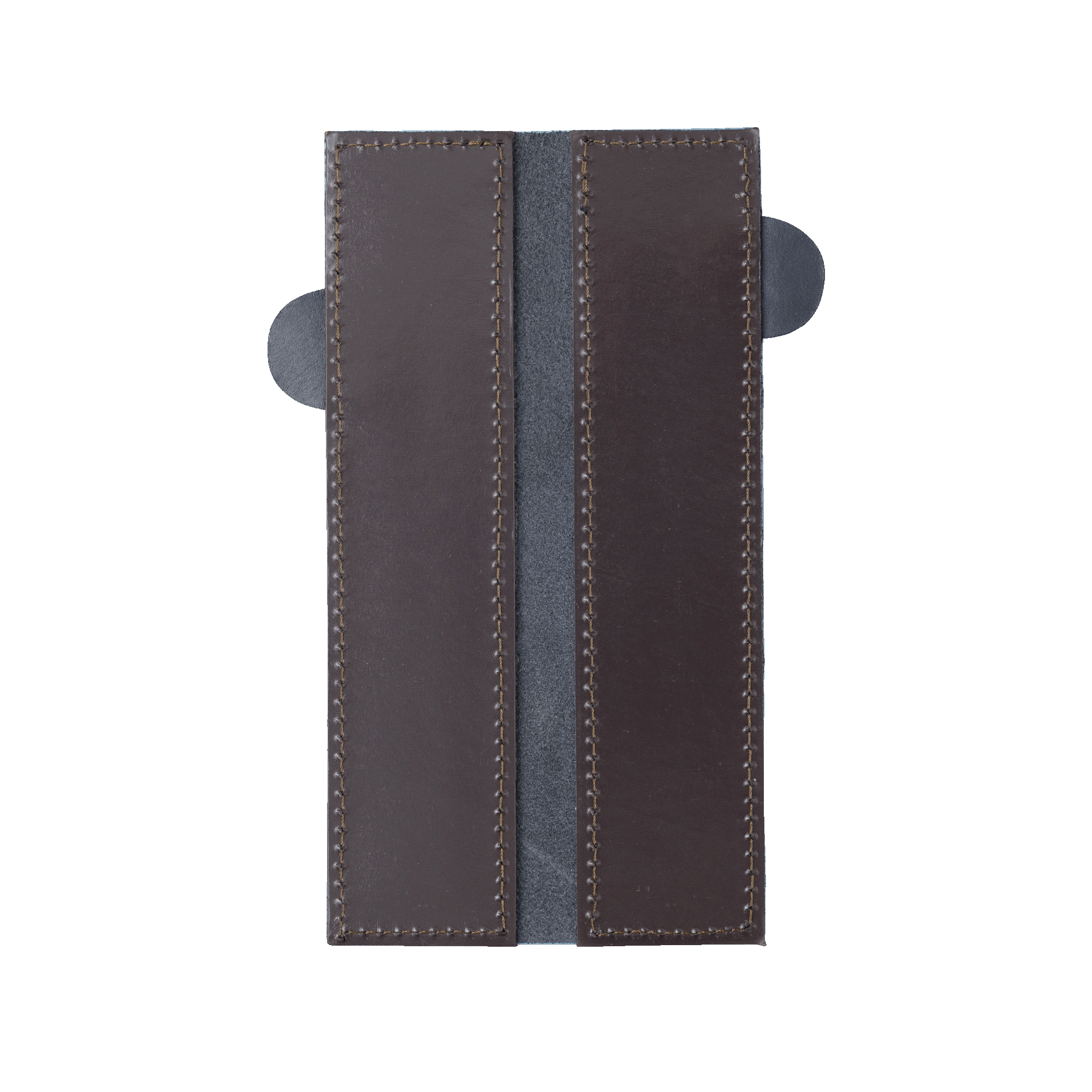 Messermeister 6.5 inch Midnight Navy Leather Magnetic Edge Guard Soft Rubber Magnets For a Gentle Grip opened to show magnets 