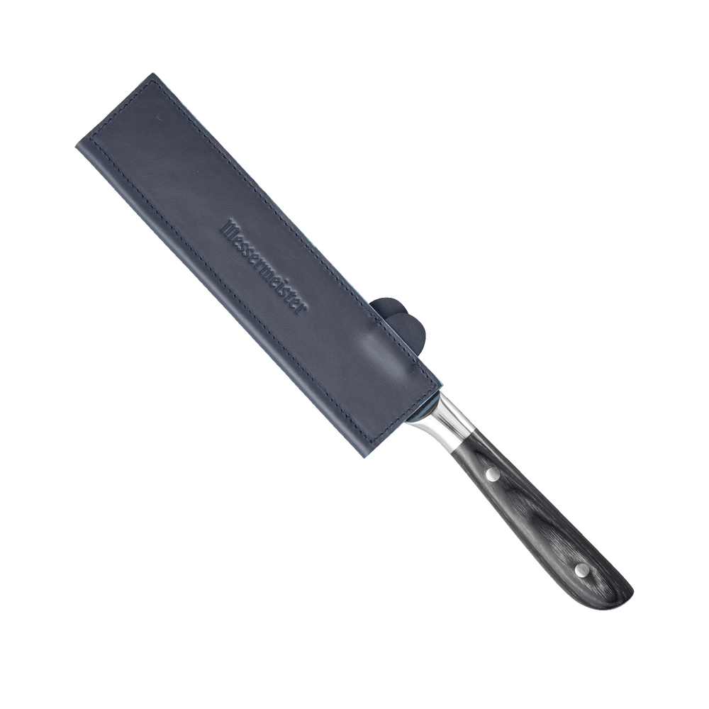 Messermeister 8.5 inch Midnight Navy Leather Magnetic Edge Guard Soft Rubber Magnets For a Gentle Grip on a knife with an ebony pakkawood handle 