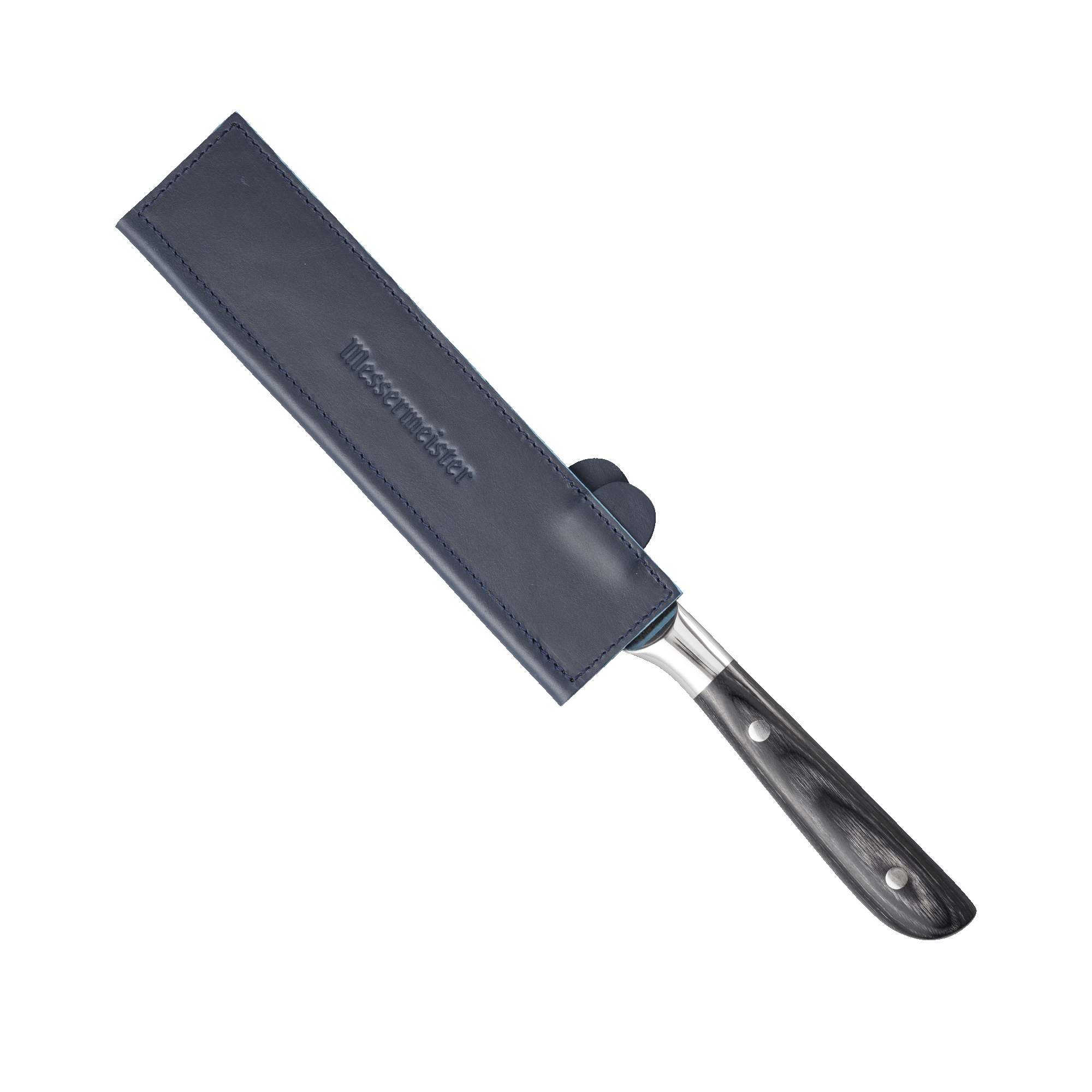 Messermeister 8.5 inch Midnight Navy Leather Magnetic Edge Guard Soft Rubber Magnets For a Gentle Grip on a knife with an ebony pakkawood handle 