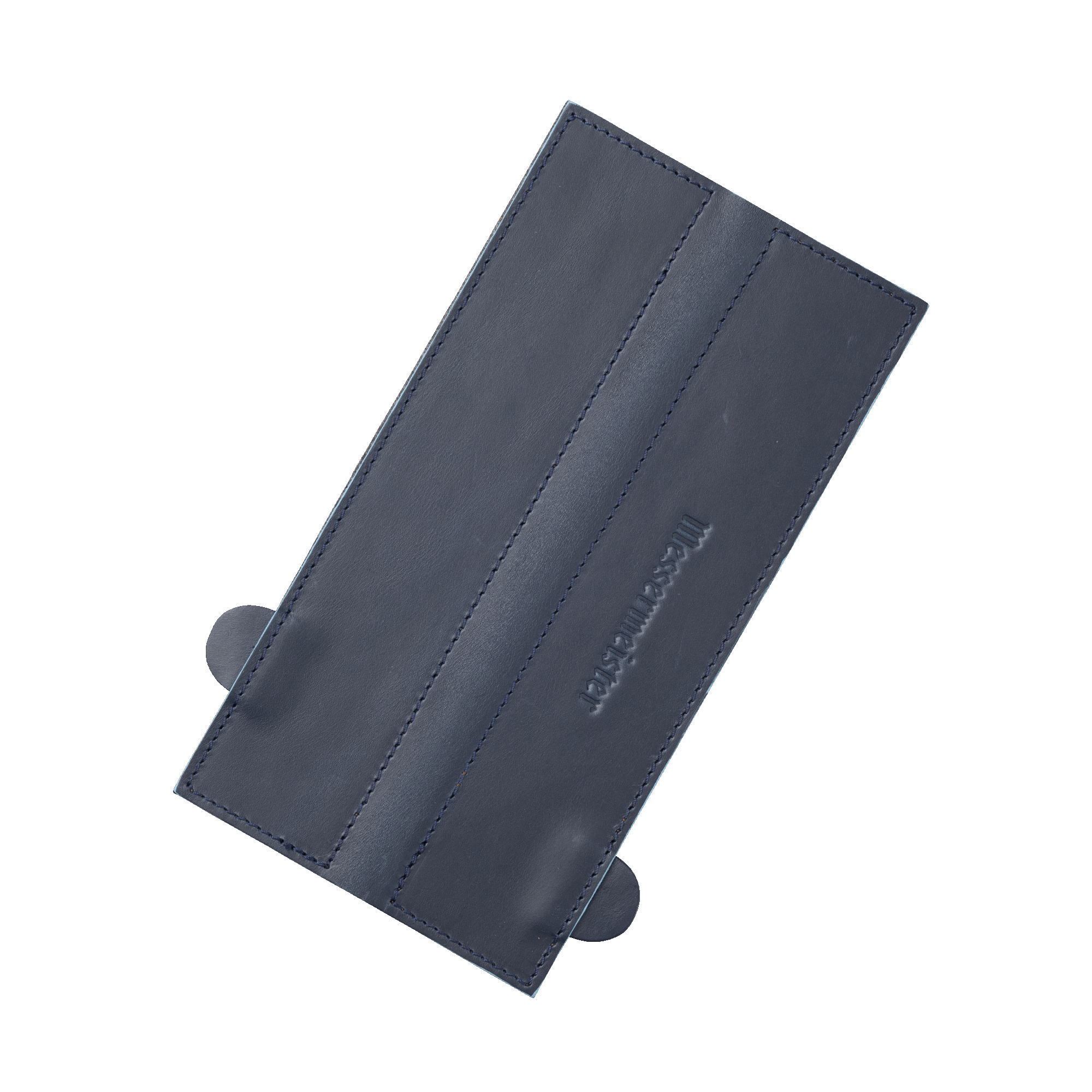 Messermeister 8.5 inch Midnight Navy Leather Magnetic Edge Guard Soft Rubber Magnets For a Gentle Grip laid out flat 