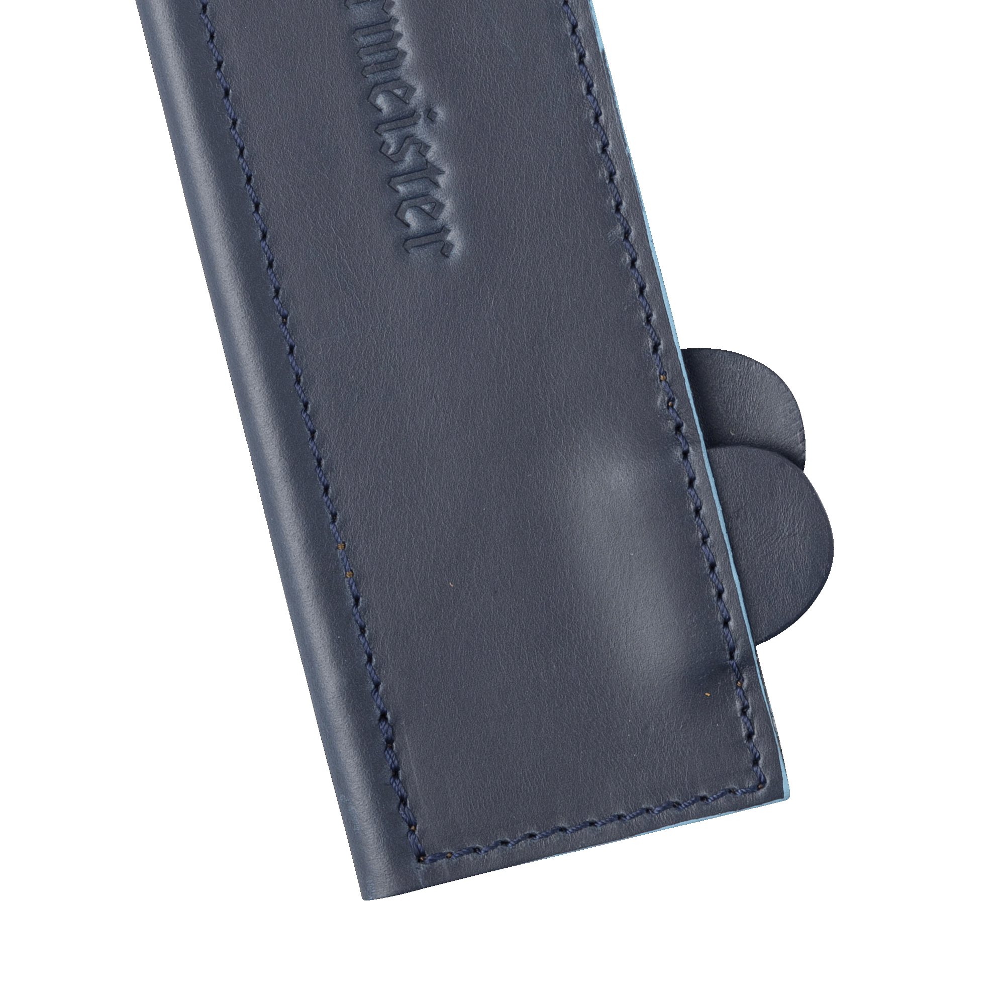 Messermeister 8.5 inch Midnight Navy Leather Magnetic Edge Guard Soft Rubber Magnets For a Gentle Grip close up on raised ridged 