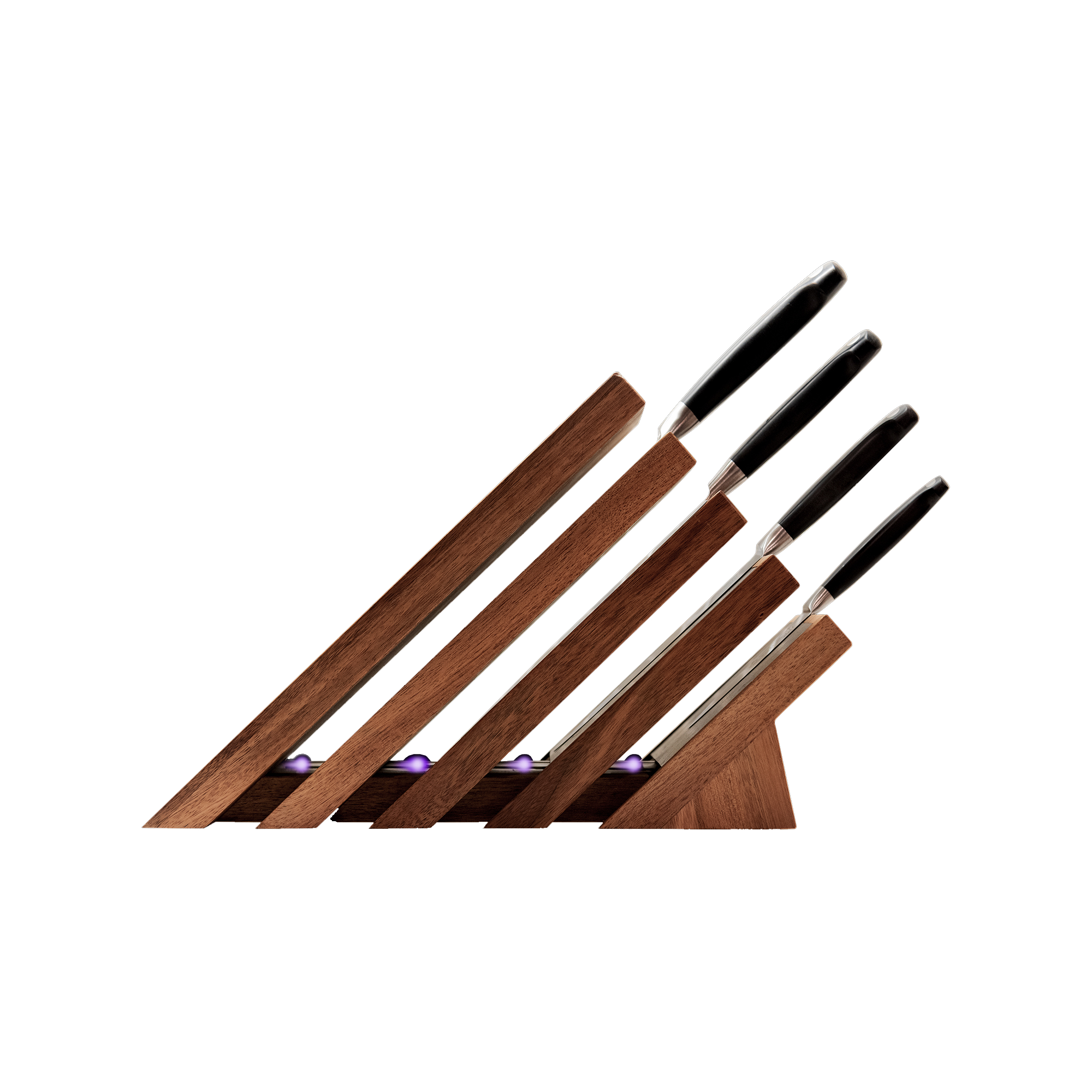 Messermeister Next Level Magnetic Knife Block and UV light with a single black handled knife stored on each of the 4 slots. Block is showing the side view with handles to the right.