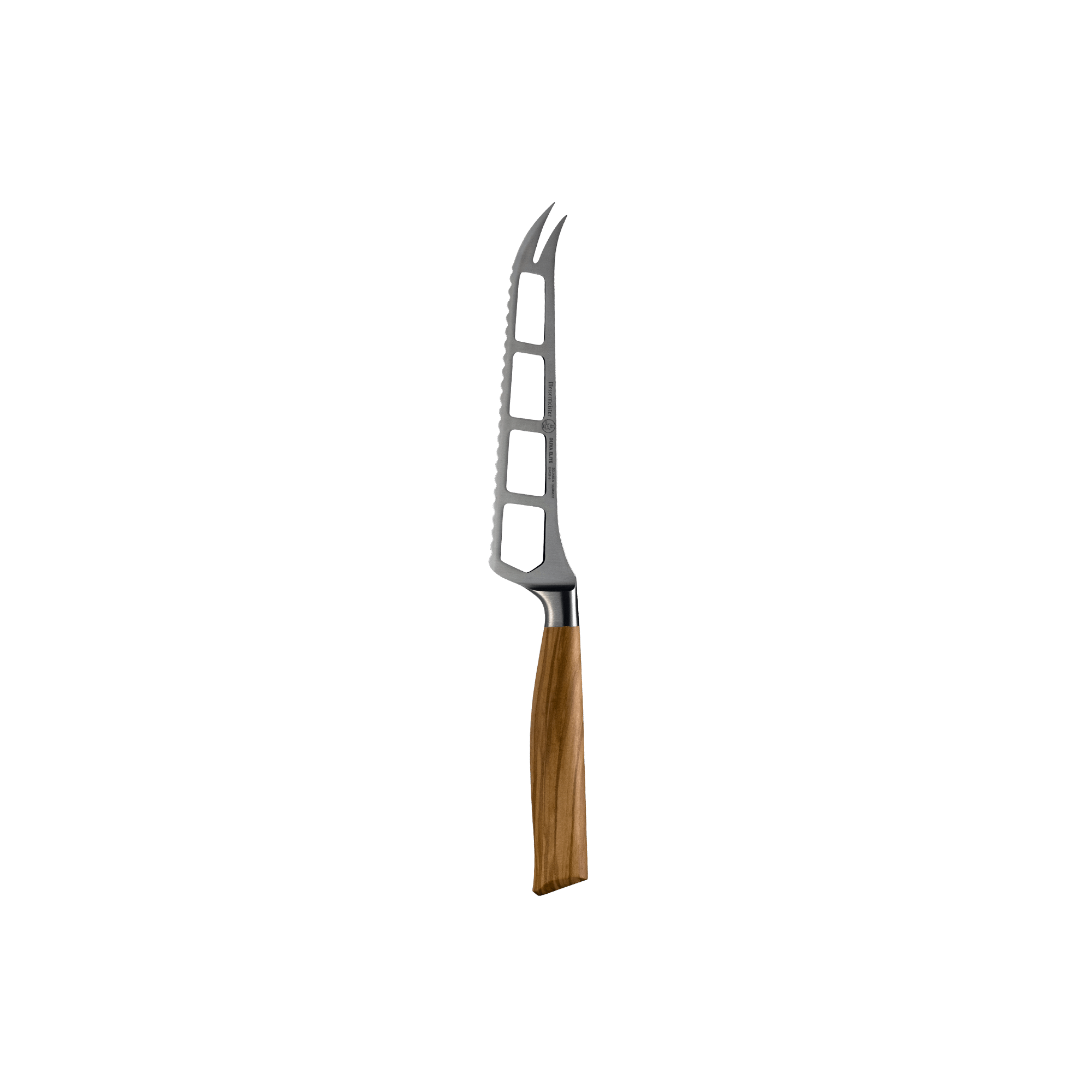 The Oliva Elite Cheese and Tomato Knife with a stainless steel blade with holes and two prongs at the tip with olive wood handle