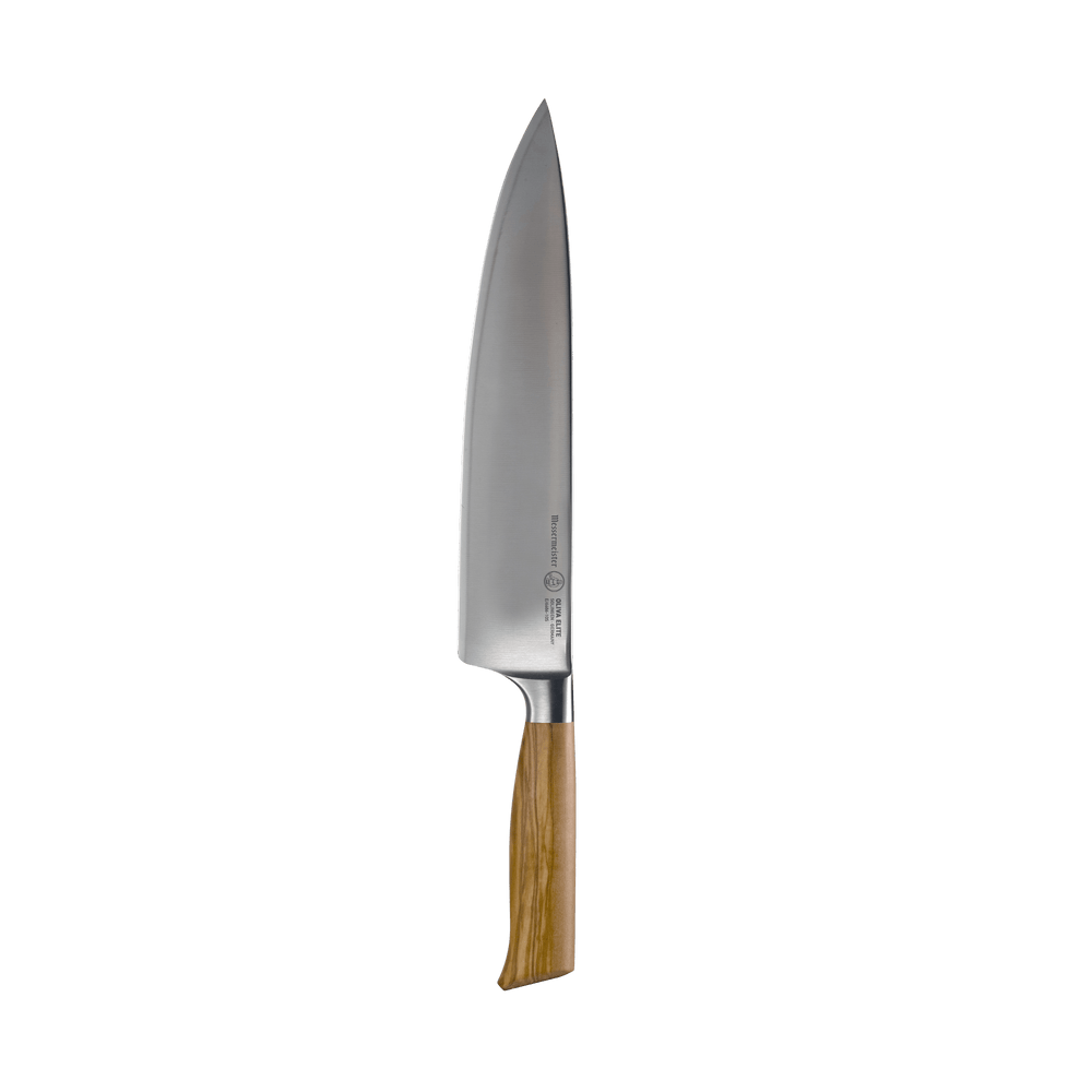 The Oliva Elite 10 inch Chef's knife with olive wood handle and stainless steel blade