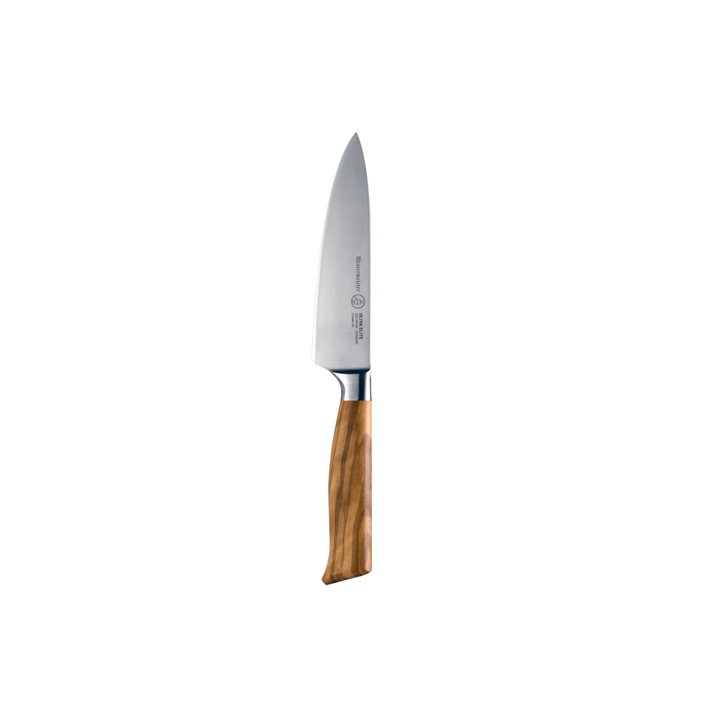 The Oliva Elite 6 inch Chef's knife with olive wood handle and stainless steel blade