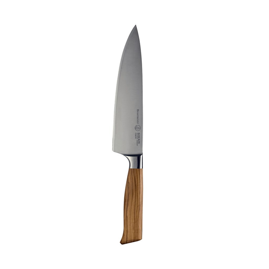 The Oliva Elite 8 inch Chef's knife with olive wood handle and stainless steel blade
