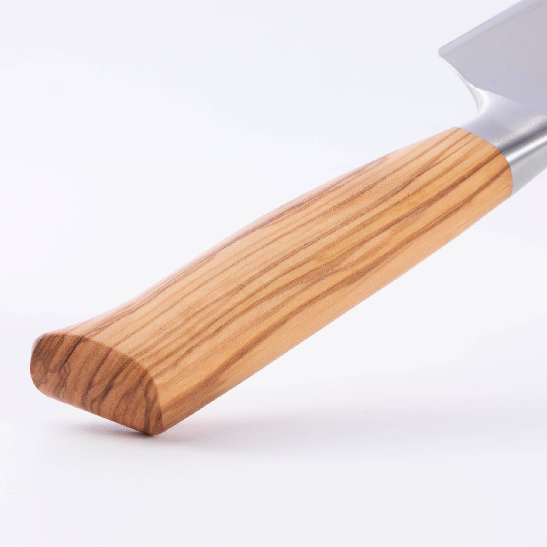 Close up of the Oliva Elite 9 inch Chef's knife olive wood handle 