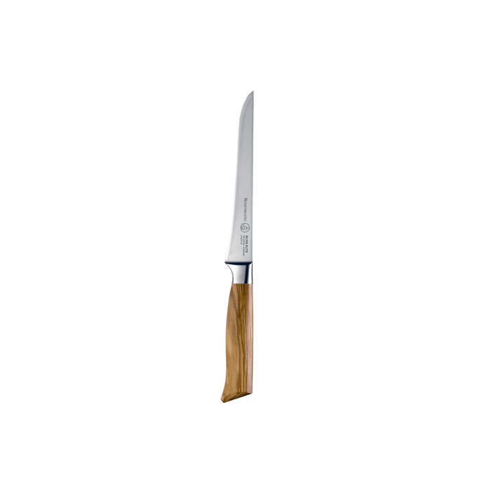 The Oliva Elite 6 inch flexible boning knife with silver stainless steel blade and olive wood handle