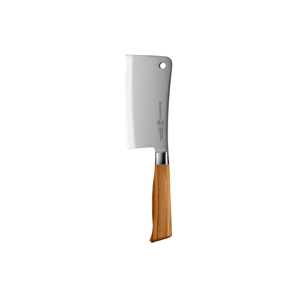 The Oliva Elite 6 inch heavy cleaver with olive wood handle and a silver stainless steel blade