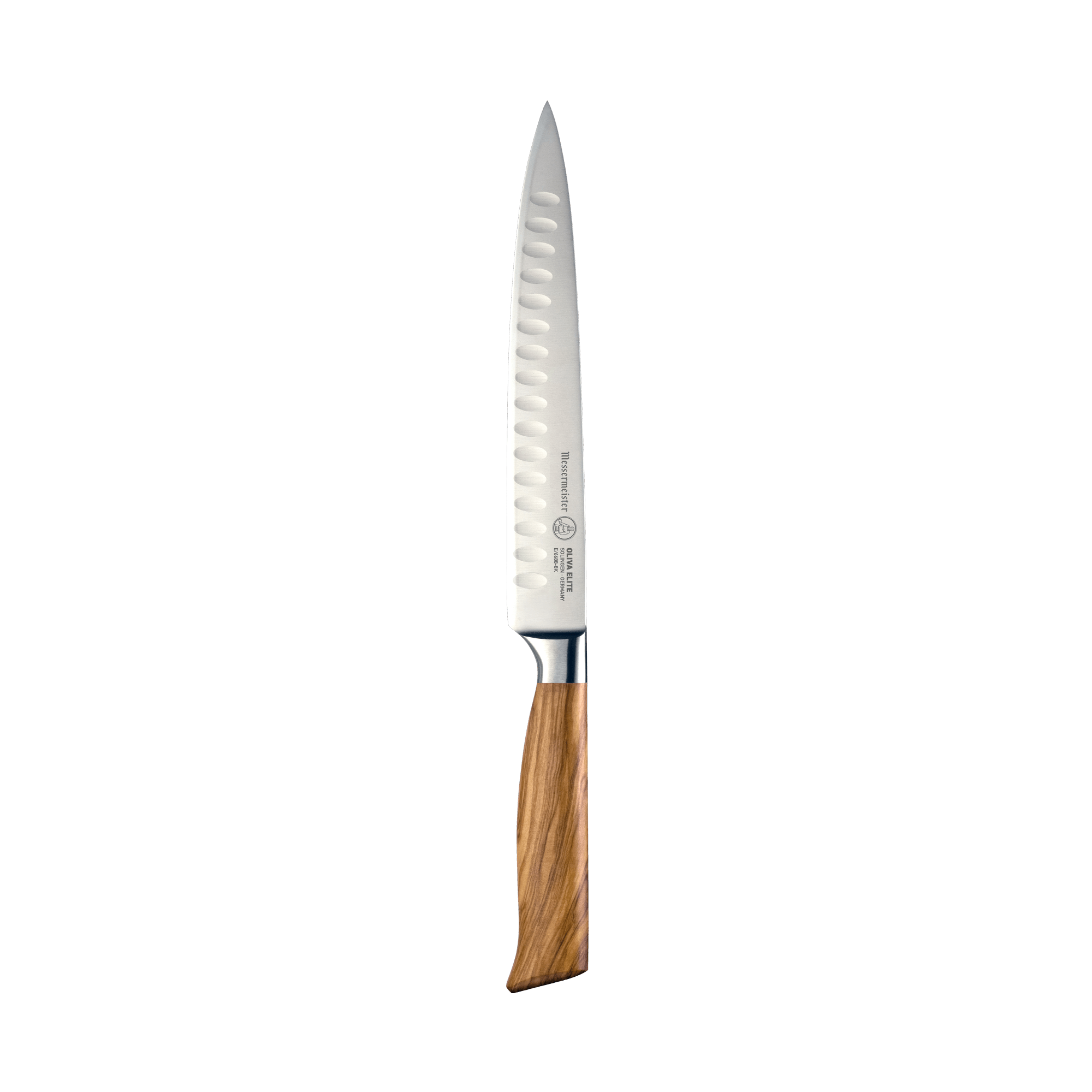 The 8 inch Oliva Elite Kullens carving knife with a narrow spearpoint, fine edge stainless steel blade with Kullens, and an olive wood handle