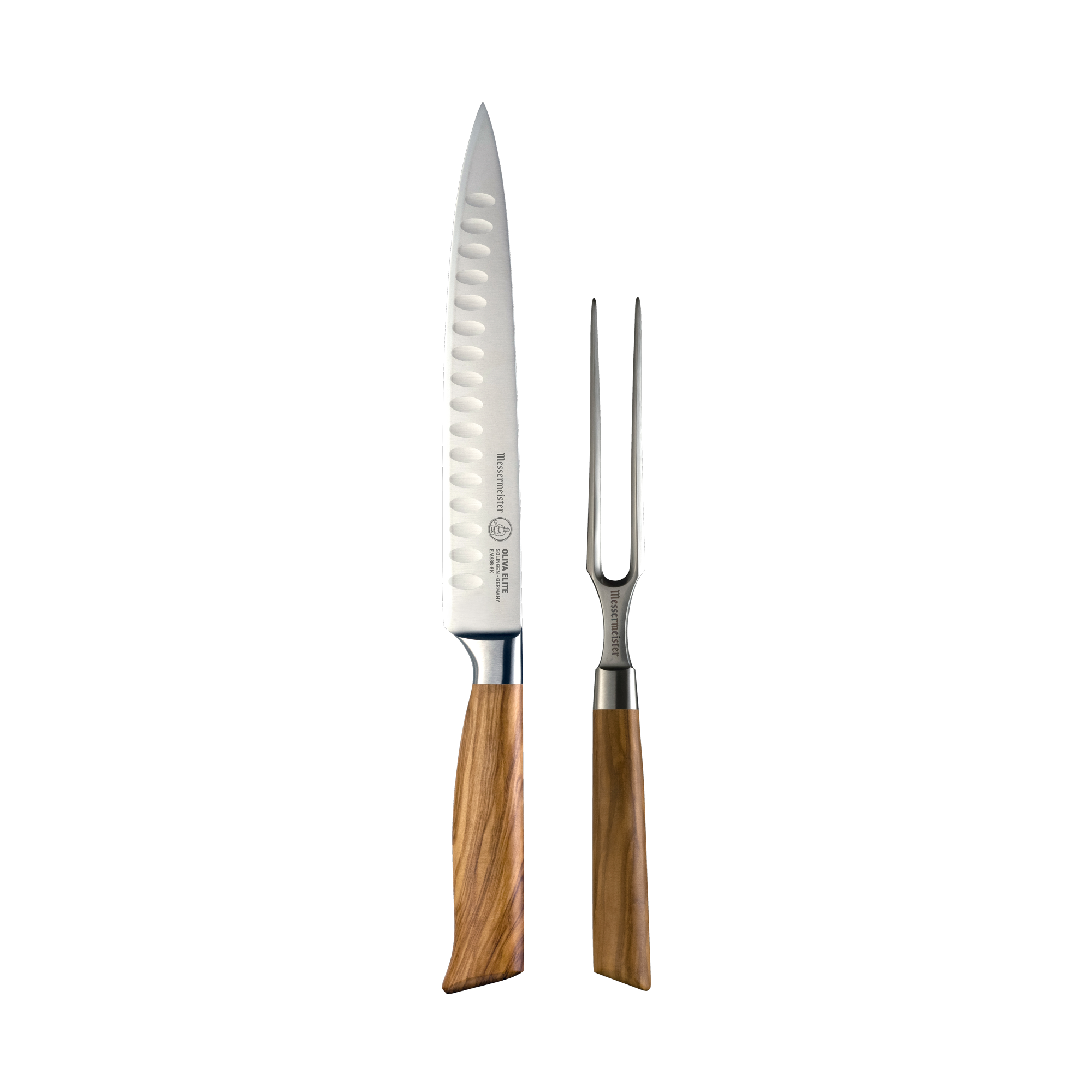 The Oliva Elite Kullens Carving Set with the 8 inch Kullens carving knife with a narrow spearpoint, fine edge stainless steel blade with Kullens and the 6 inch carving fork with 2 prongs, both with olive wood handles