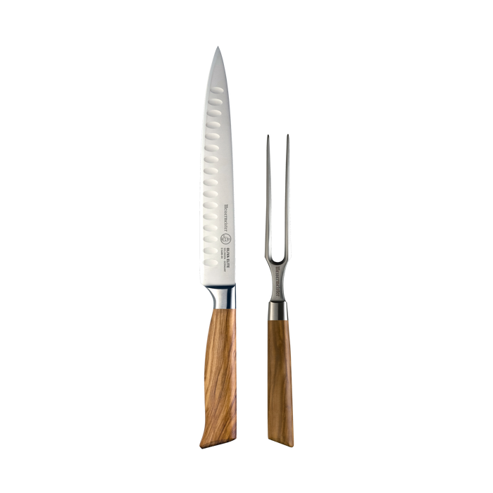 The Oliva Elite Kullens Carving Set with the 8 inch Kullens carving knife with a narrow spearpoint, fine edge stainless steel blade with Kullens and the 6 inch carving fork with 2 prongs, both with olive wood handles