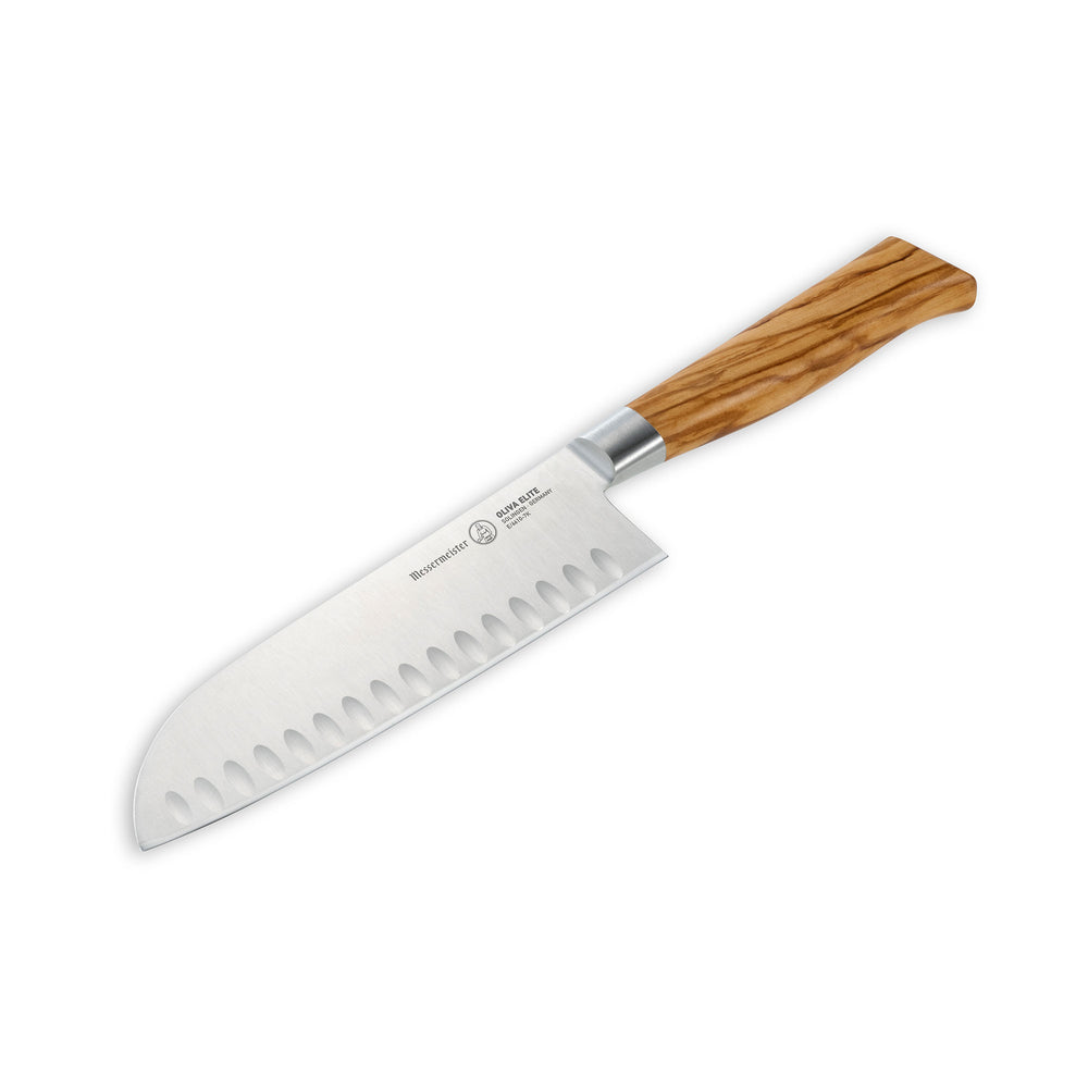 The Oliva Elite 7 inch Santoku with olive wood handle and stainless steel blade with kullens angled view pointing to lower left