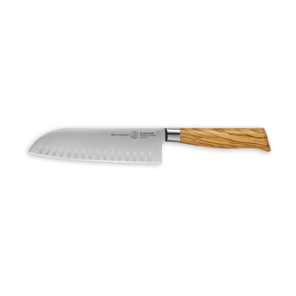 The Oliva Elite 7 inch Santoku with olive wood handle and stainless steel blade with kullens