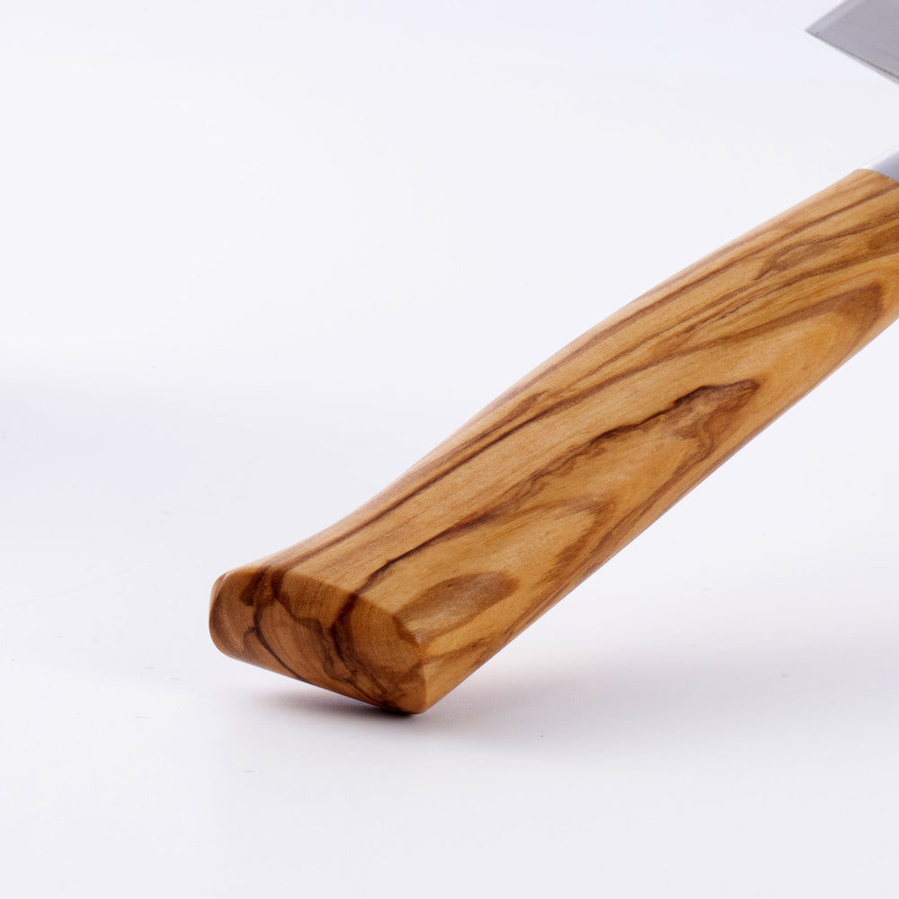 Close up of the Oliva Elite 7 inch Santoku olive wood handle 