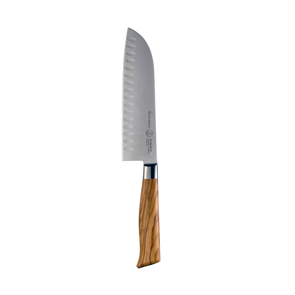 The Oliva Elite 7 inch Santoku with olive wood handle and stainless steel blade with kullens