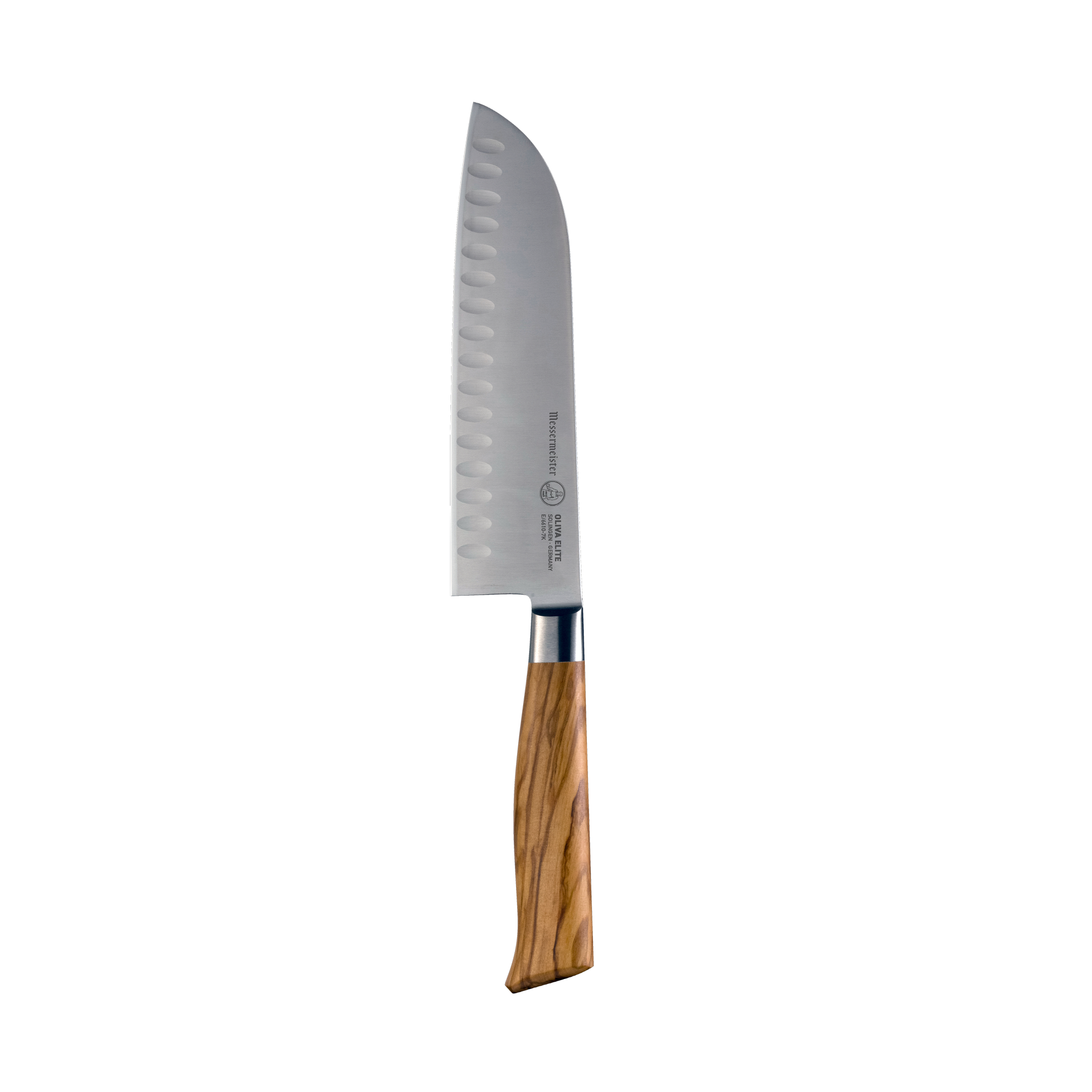 The Oliva Elite 7 inch Santoku with olive wood handle and stainless steel blade with kullens