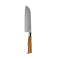 The Oliva Elite 7 inch Santoku with olive wood handle and stainless steel blade with kullens